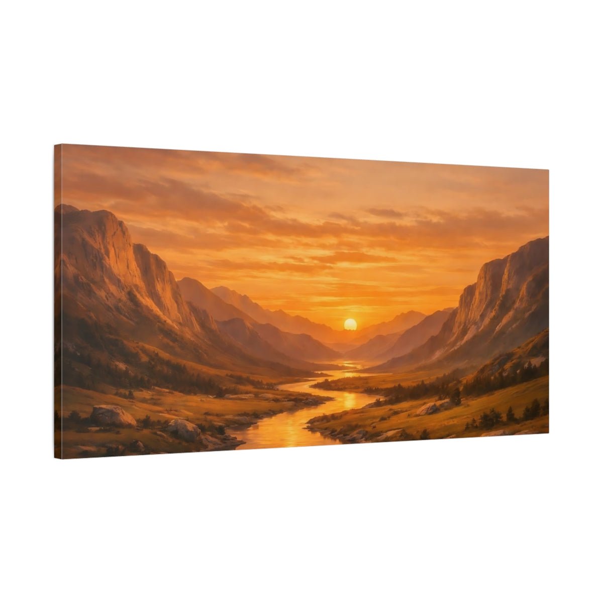 Nature Mountain Valley Orange Sunset Landscape - Canvas Wall Art Print - YesArtYes