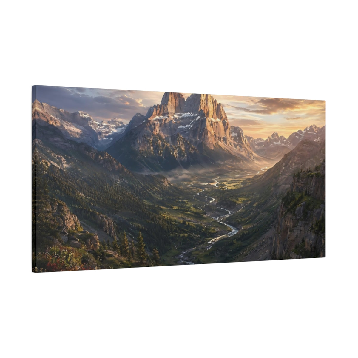 Side Mockup 2. Nature Mountain Valley Mountain River Sunset shown as stretched canvas wall art