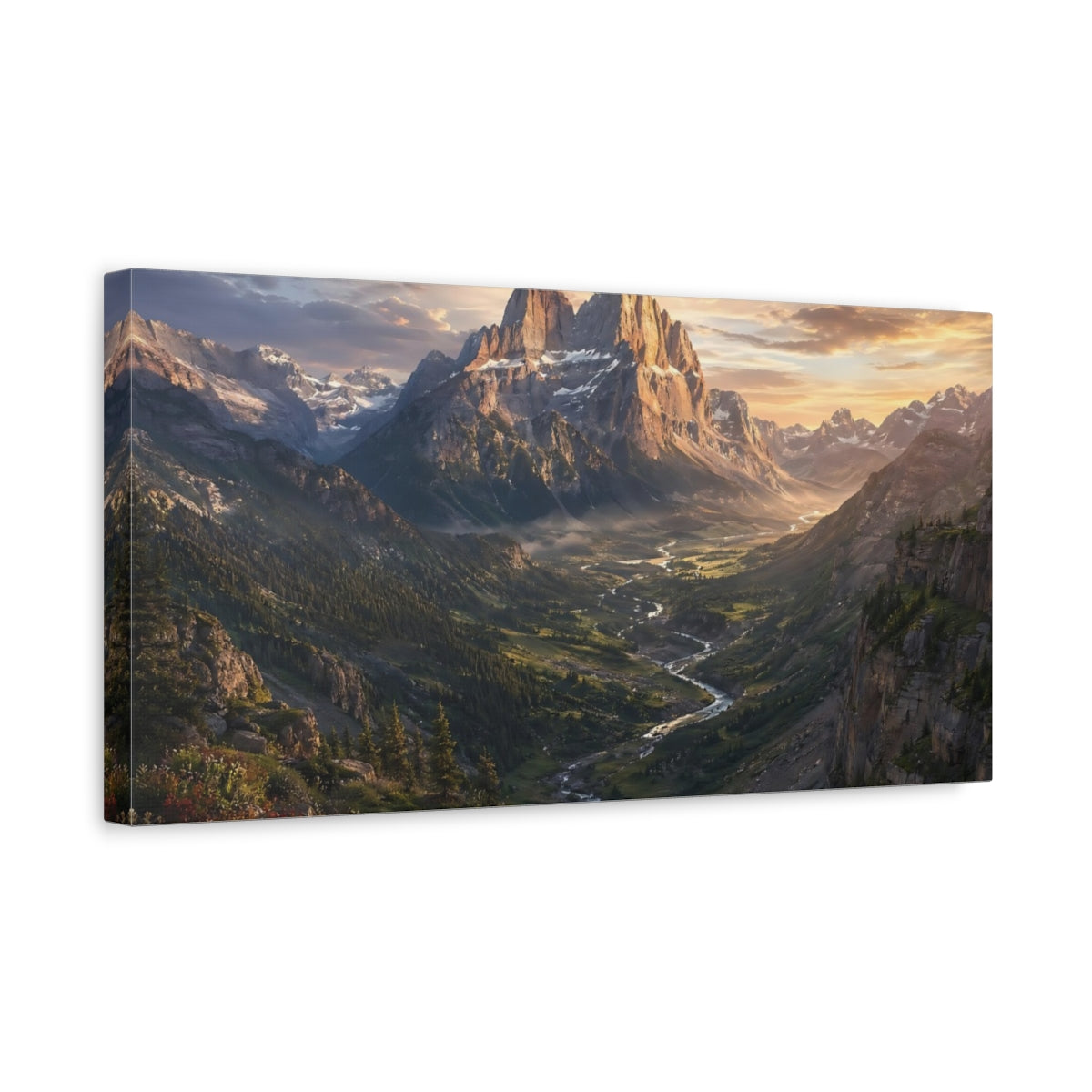 Side Mockup 3. Nature Mountain Valley Mountain River Sunset shown as stretched canvas wall art