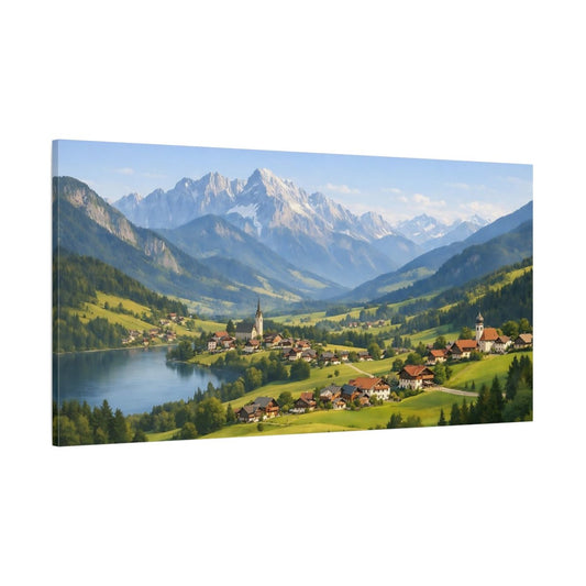 Nature Mountain Village Green Blue Landscape - Canvas Wall Art Print - YesArtYes