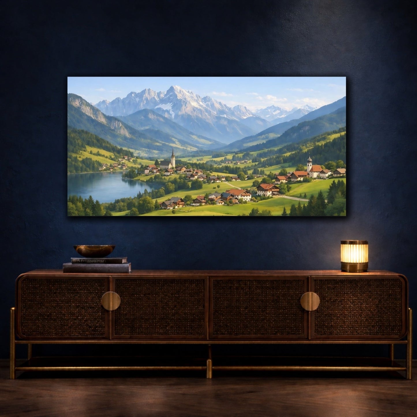 Nature Mountain Village Green Blue Landscape - Canvas Wall Art Print - YesArtYes