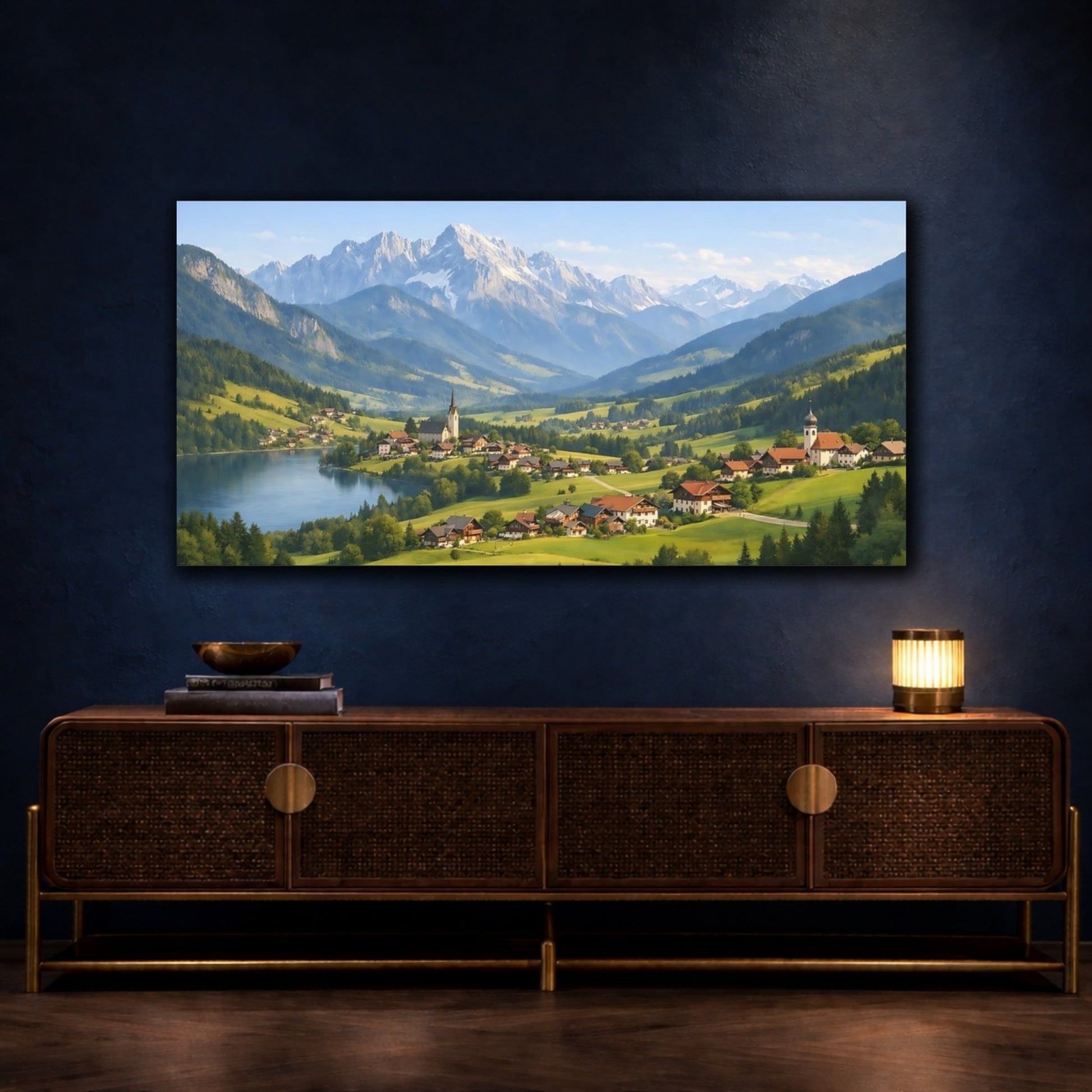 Nature Mountain Village Green Blue Landscape - Canvas Wall Art Print - YesArtYes