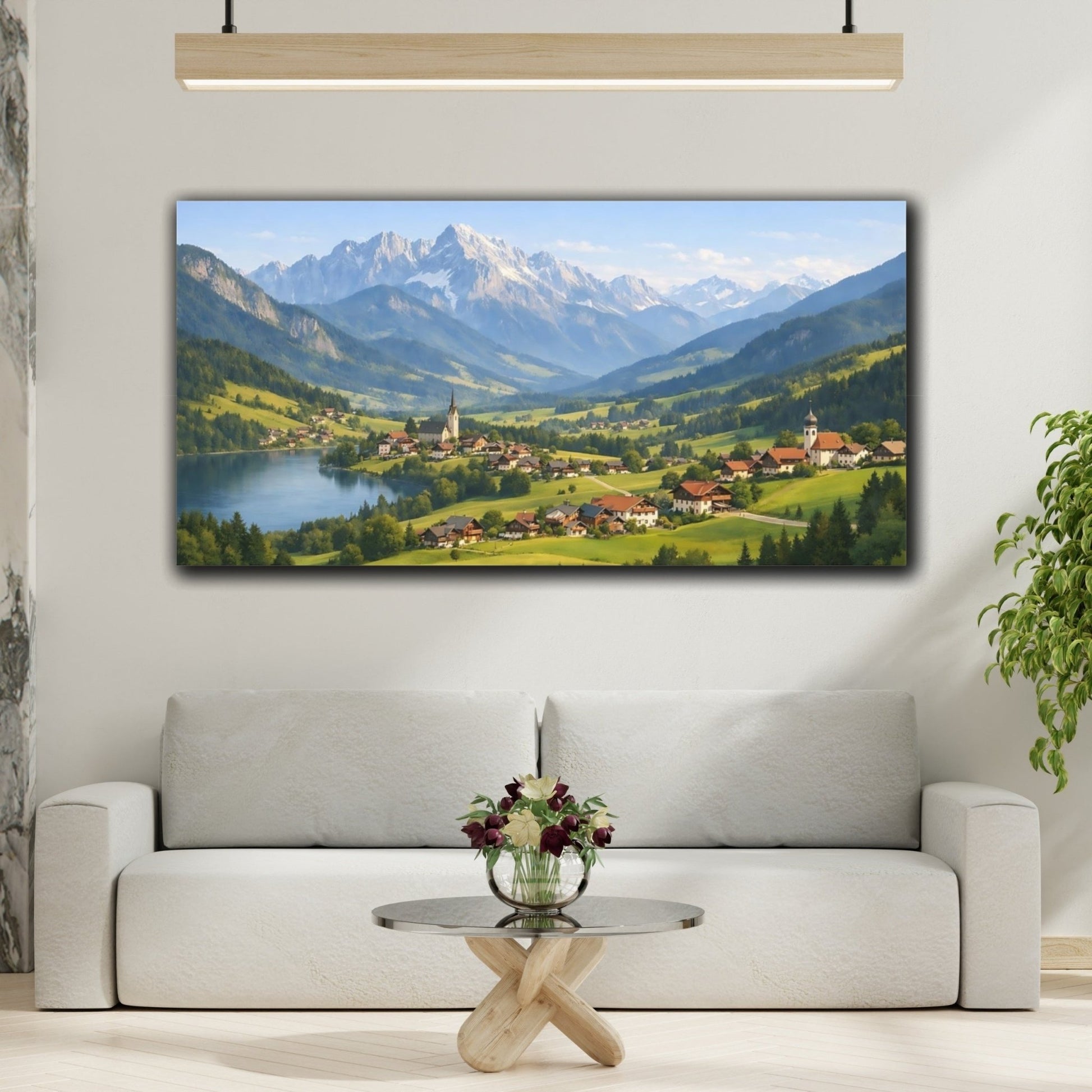 Nature Mountain Village Green Blue Landscape - Canvas Wall Art Print - YesArtYes