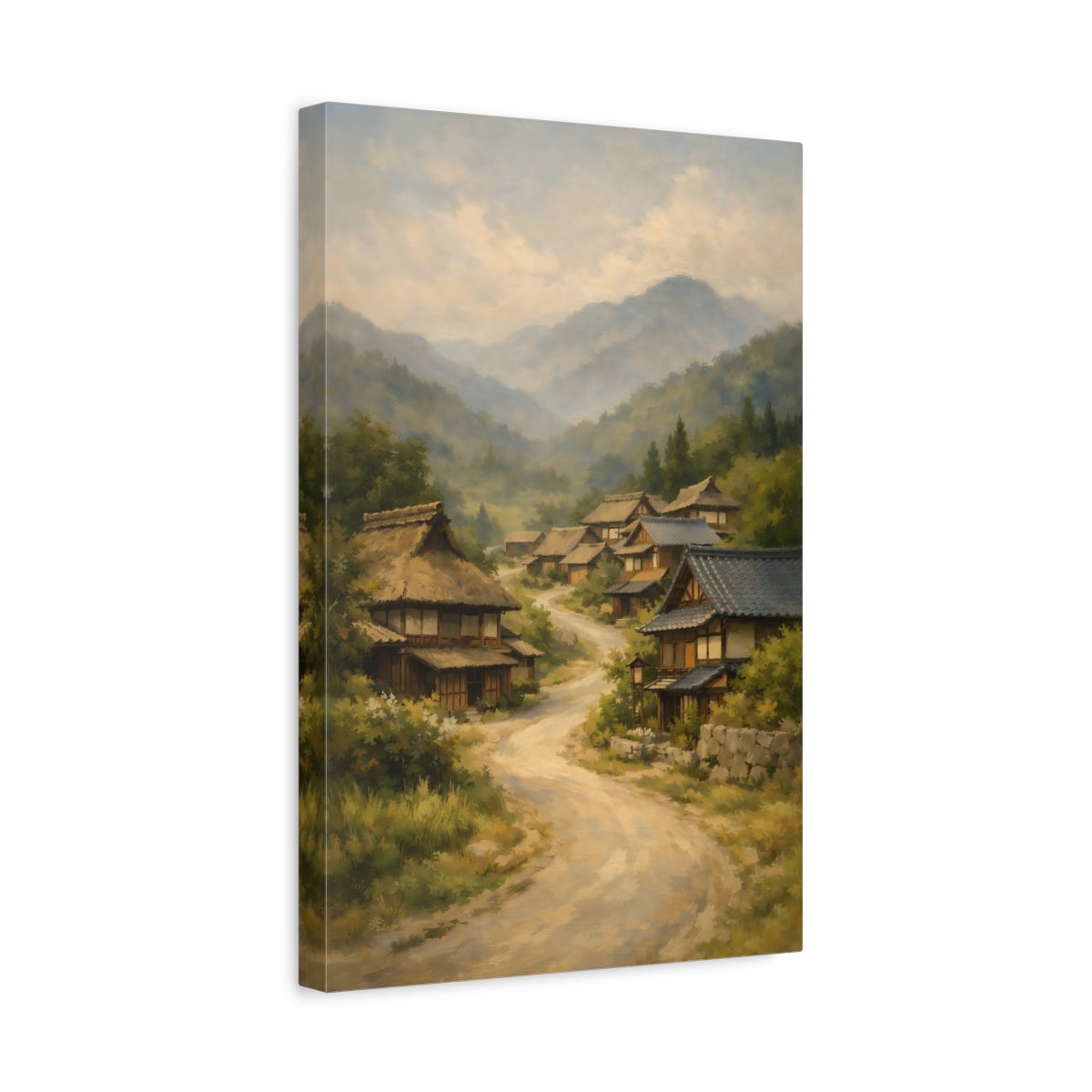 Side Mockup 4. Nature Mountain Village Japanese Village Landscape shown as stretched canvas wall art