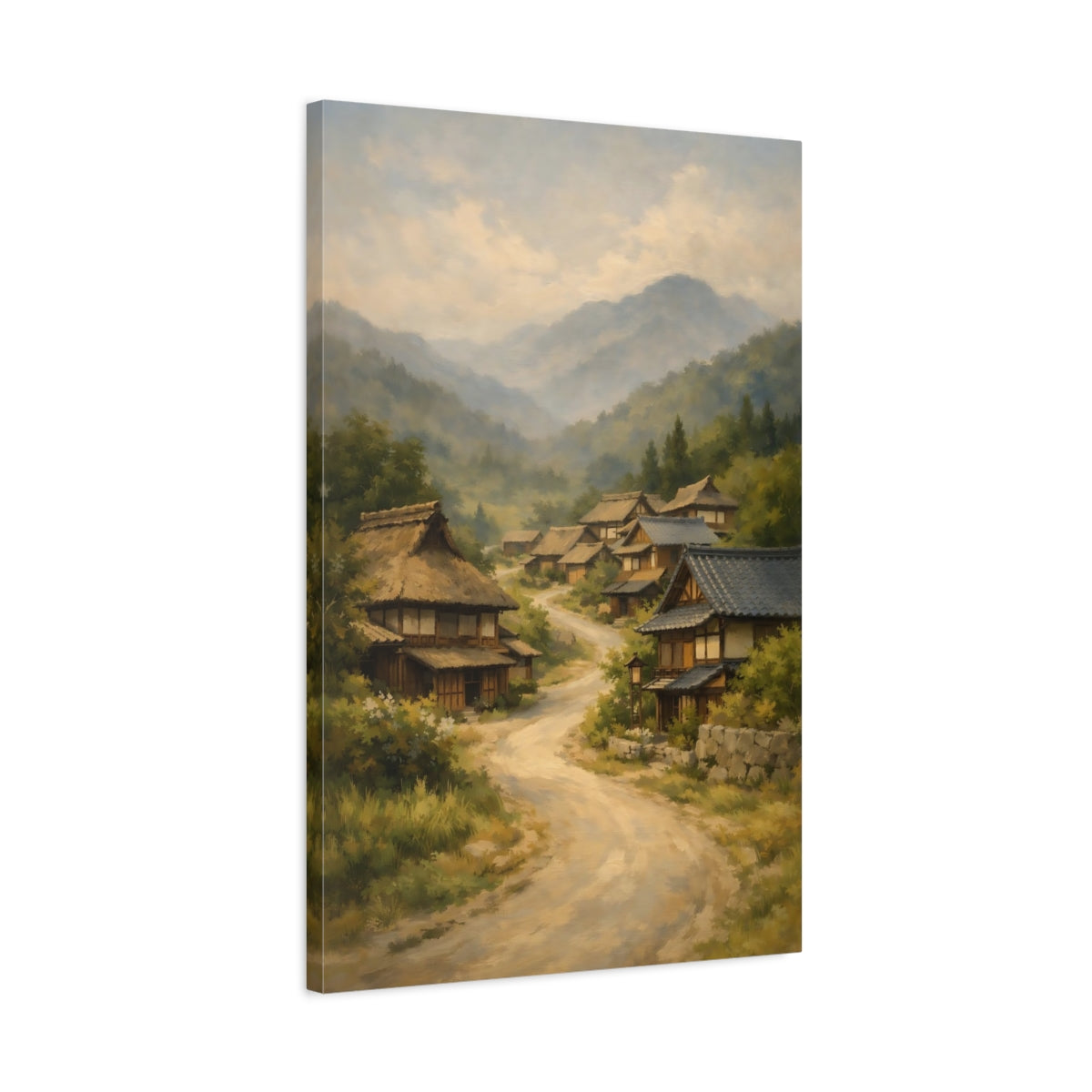 Side Mockup 2. Nature Mountain Village Japanese Village Landscape shown as stretched canvas wall art