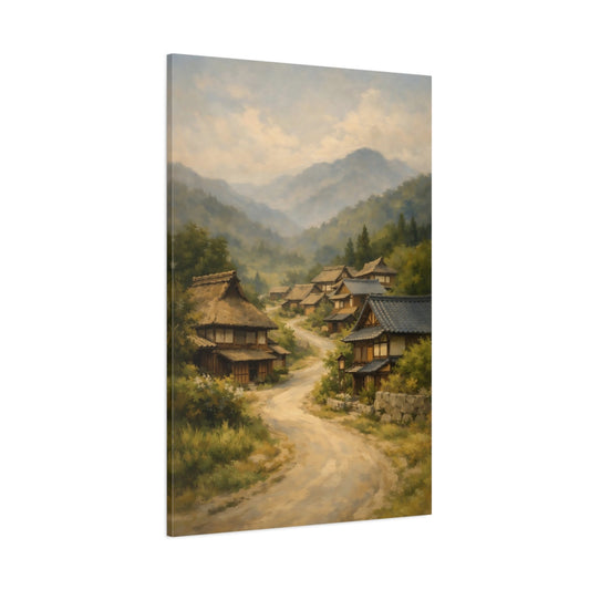 Main Mockup. Nature Mountain Village Japanese Village Landscape shown as stretched canvas wall art