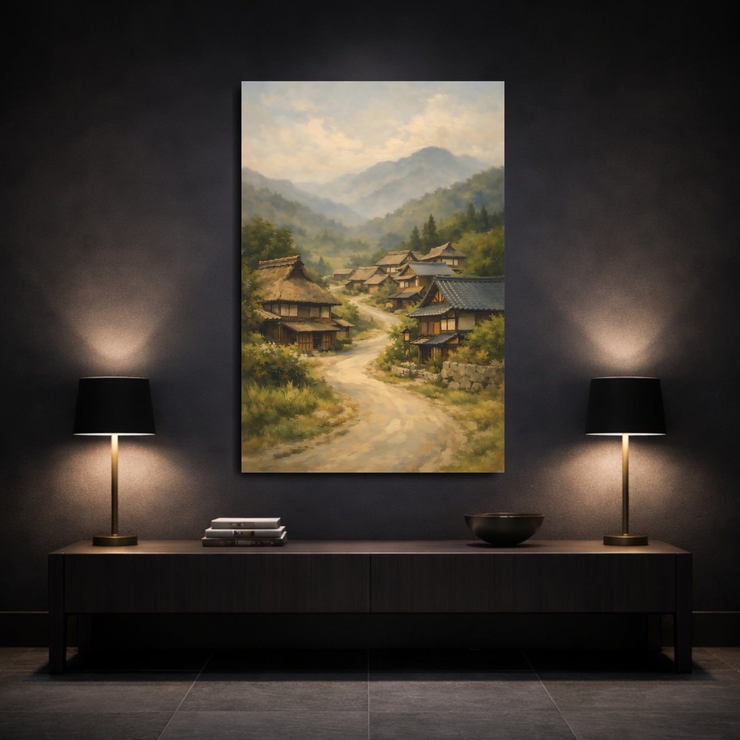 Mockup 2. Nature Mountain Village Japanese Village Landscape shown as stretched canvas wall art
