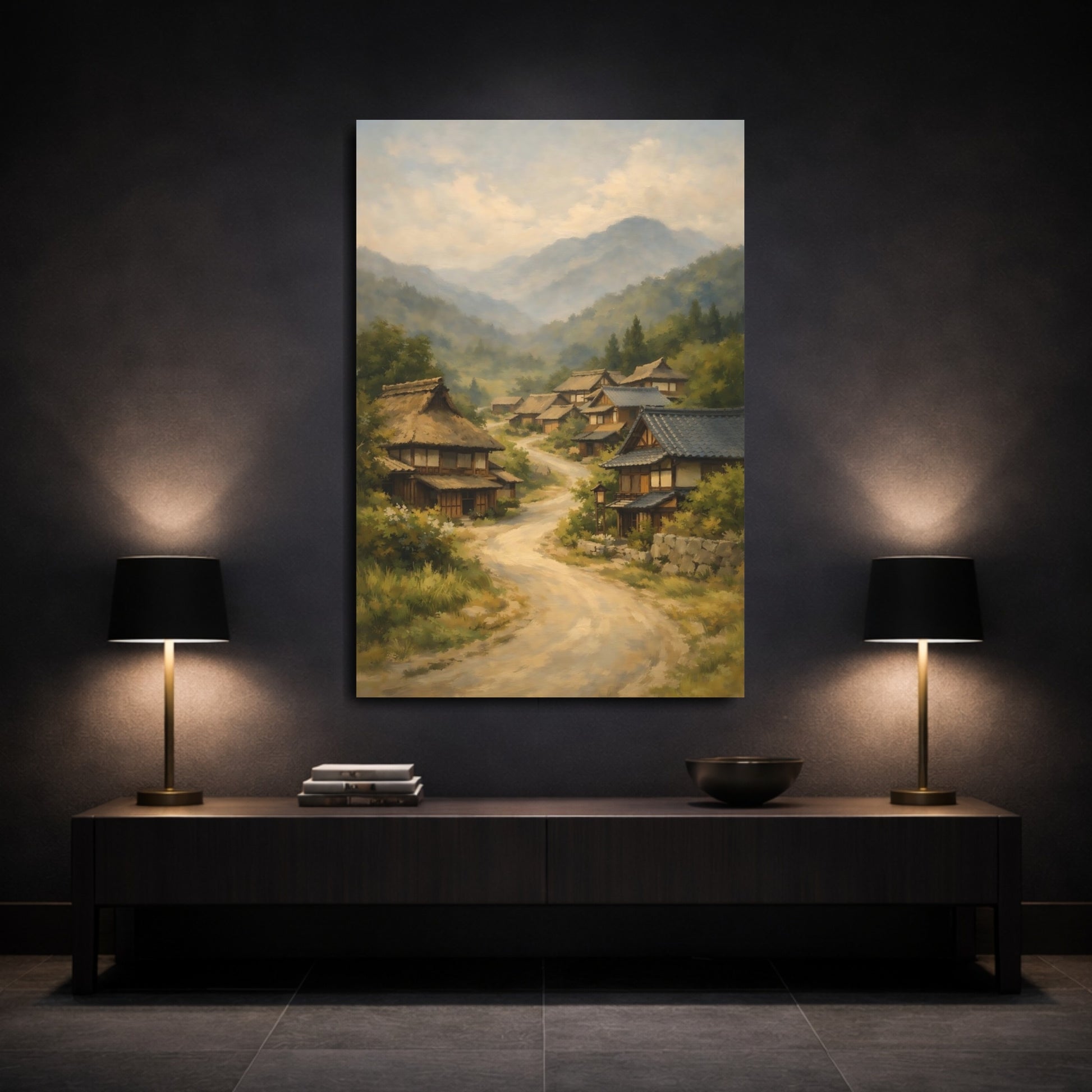 Mockup 2. Nature Mountain Village Japanese Village Landscape shown as stretched canvas wall art