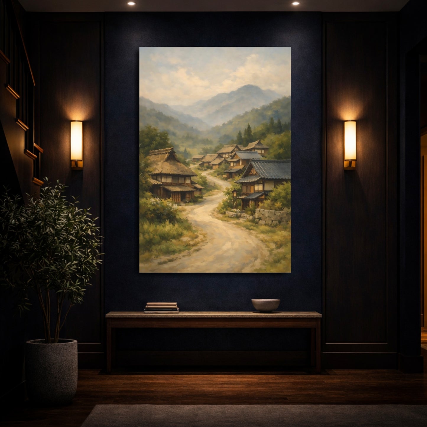 Mockup 3. Nature Mountain Village Japanese Village Landscape shown as stretched canvas wall art