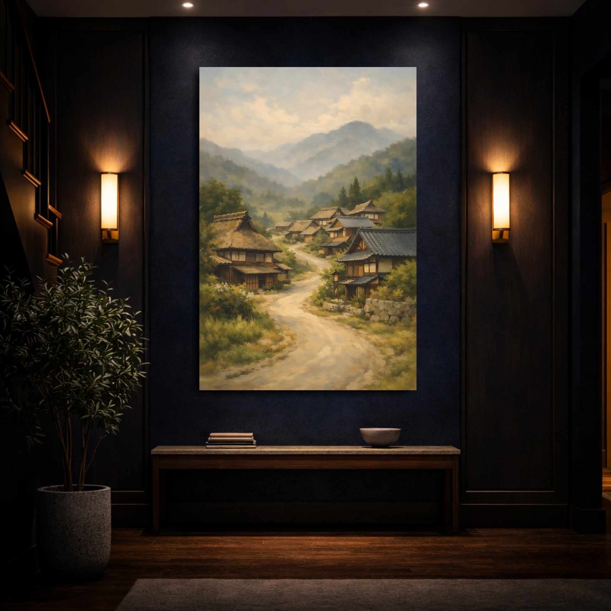 Mockup 3. Nature Mountain Village Japanese Village Landscape shown as stretched canvas wall art