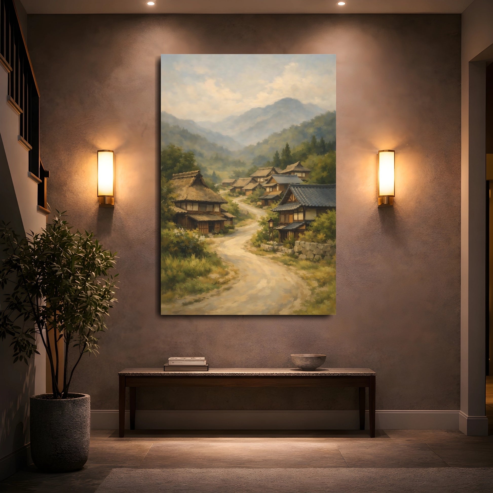 Mockup 4. Nature Mountain Village Japanese Village Landscape shown as stretched canvas wall art