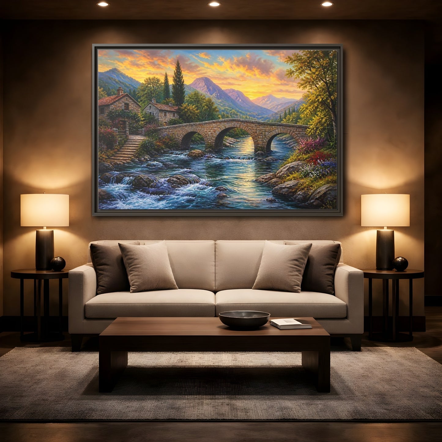 Mockup 2. Nature Mountain Village Mountain Village Sunset shown as stretched canvas wall art