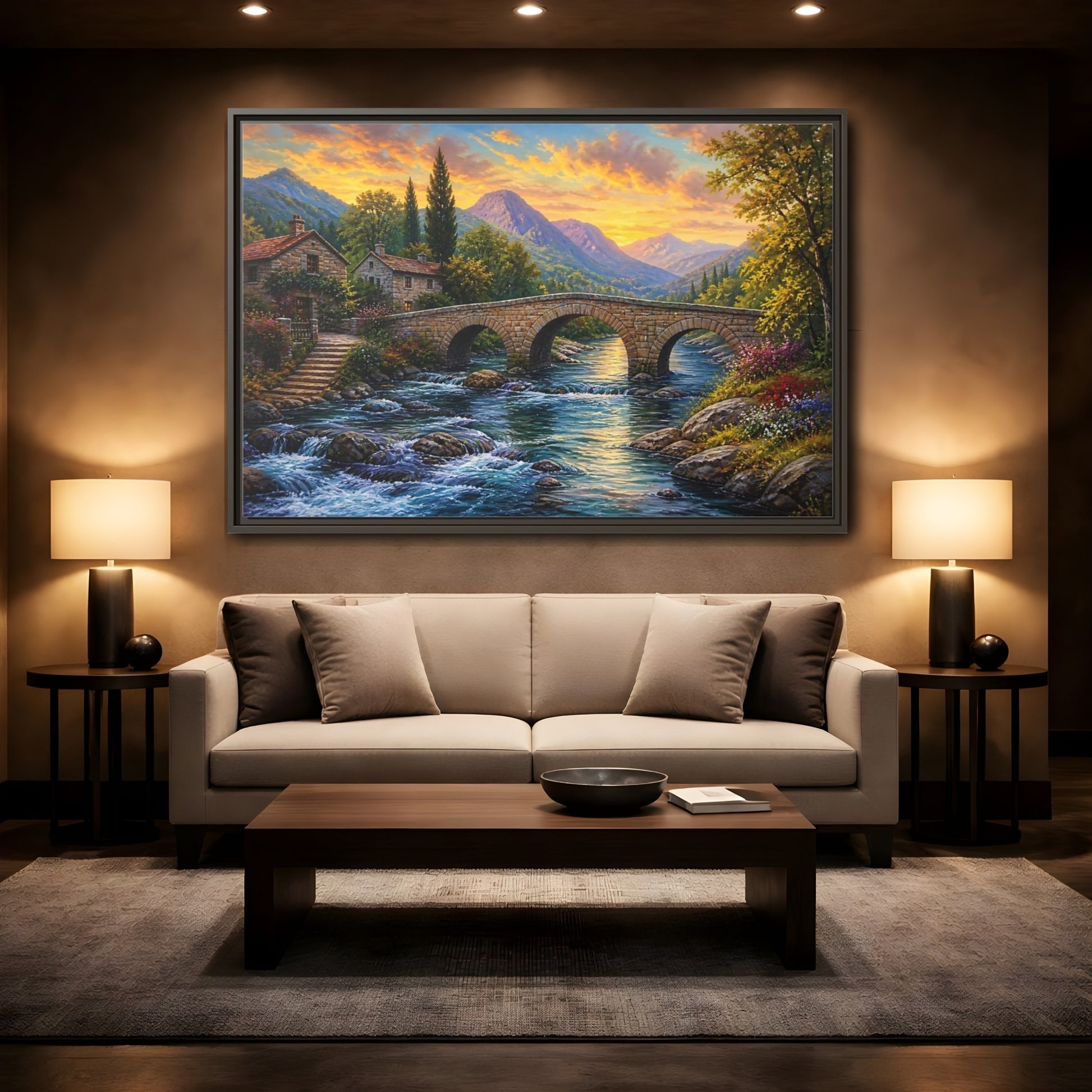 Mockup 2. Nature Mountain Village Mountain Village Sunset shown as stretched canvas wall art
