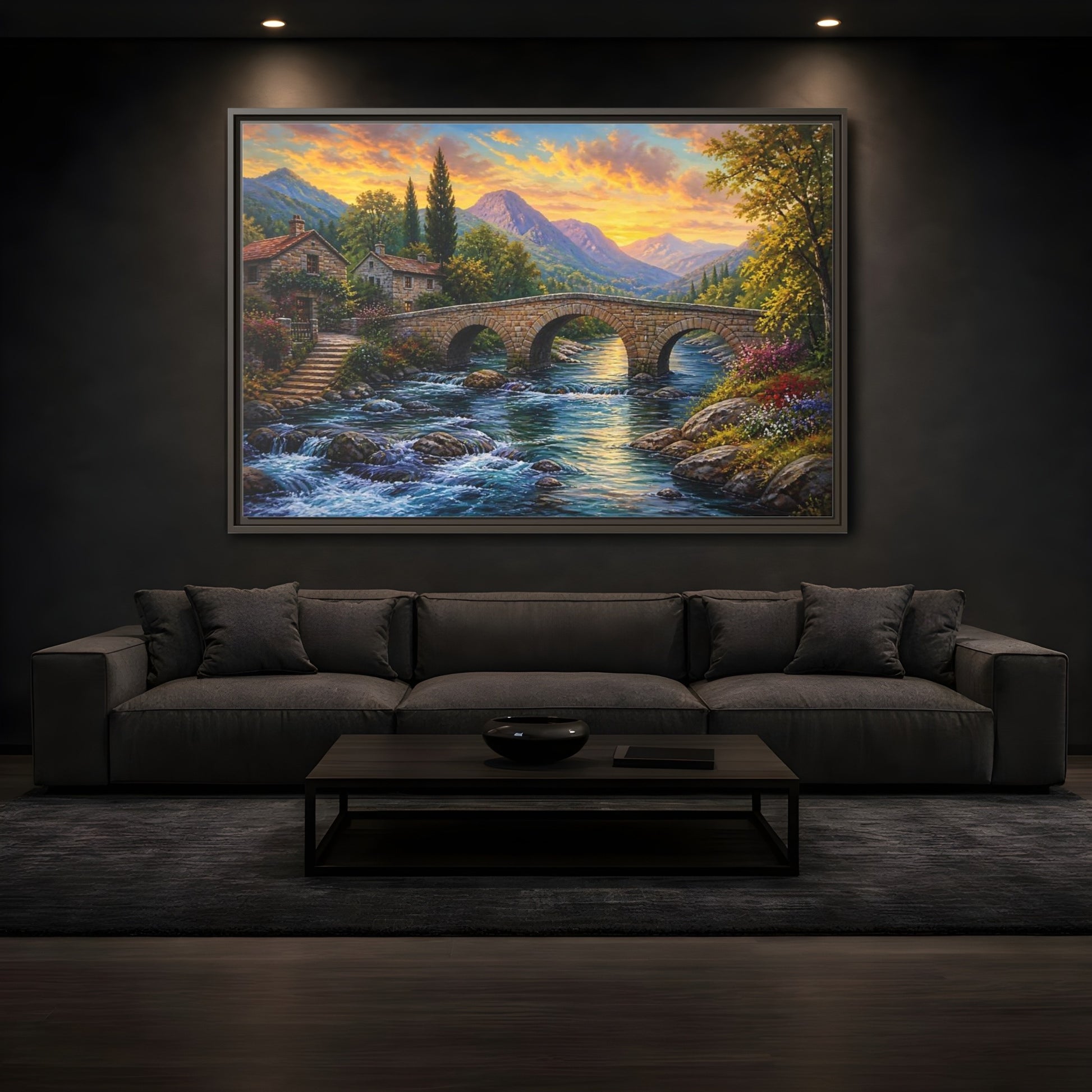 Mockup 3. Nature Mountain Village Mountain Village Sunset shown as stretched canvas wall art