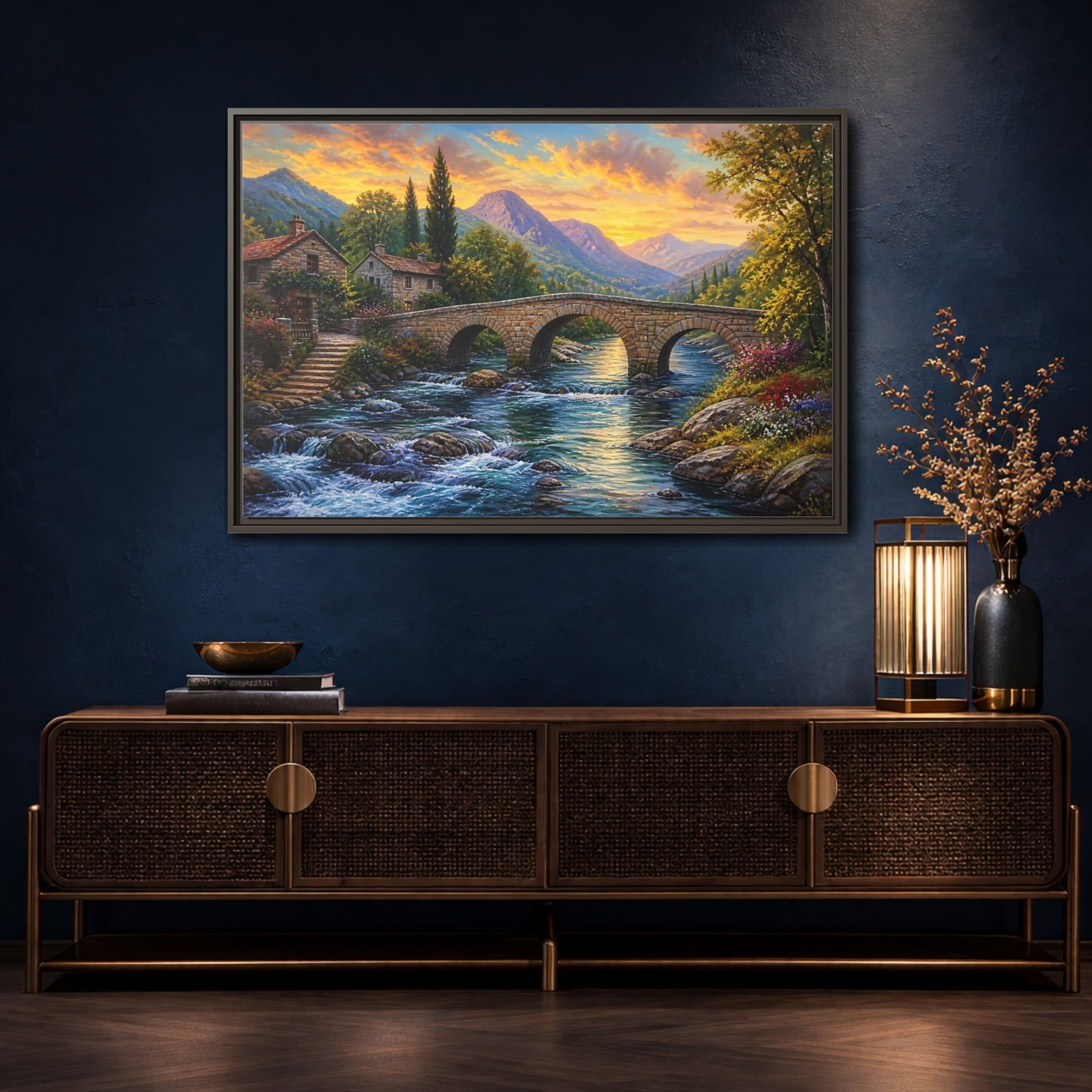Mockup 4. Nature Mountain Village Mountain Village Sunset shown as stretched canvas wall art