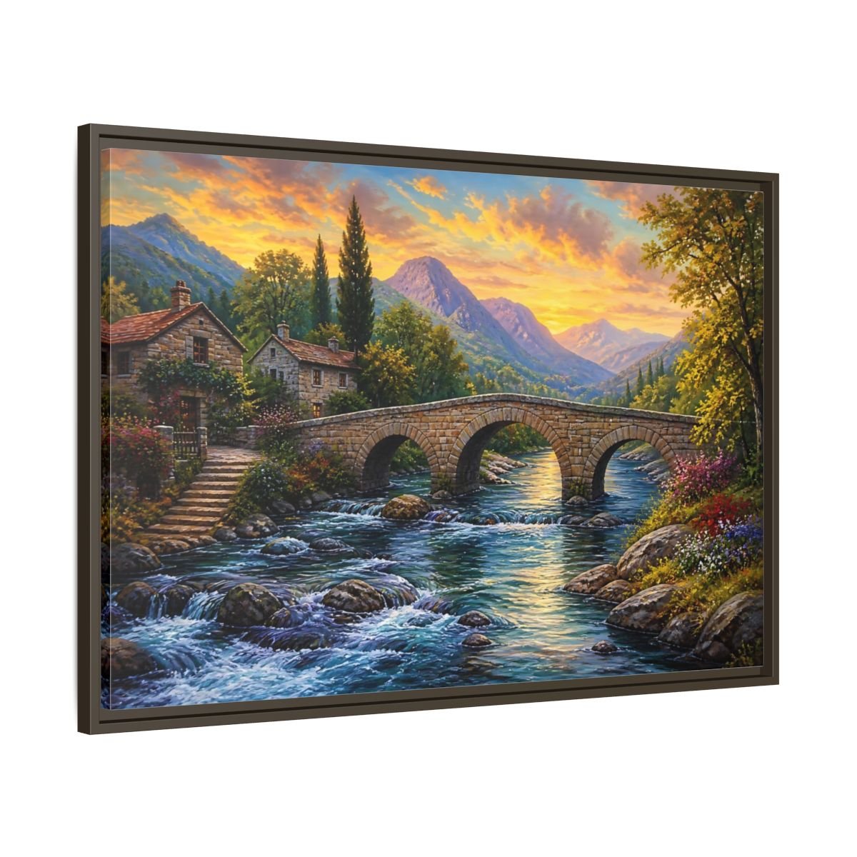Nature Mountain Village Sunset Framed Canvas Print – Traditional Living Room, Above Fireplace - YesArtYes
