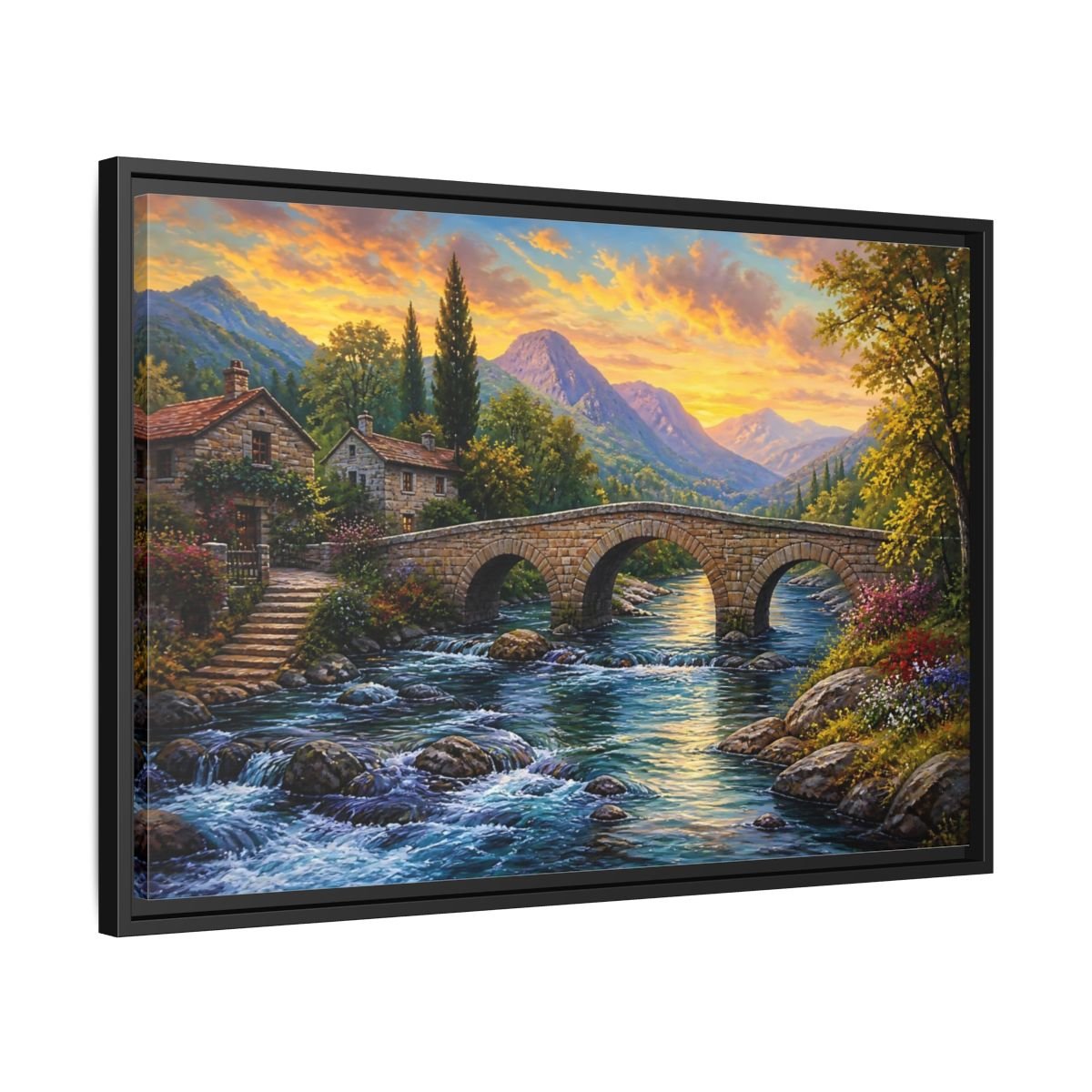 Nature Mountain Village Sunset Framed Canvas Print – Traditional Living Room, Above Fireplace - YesArtYes