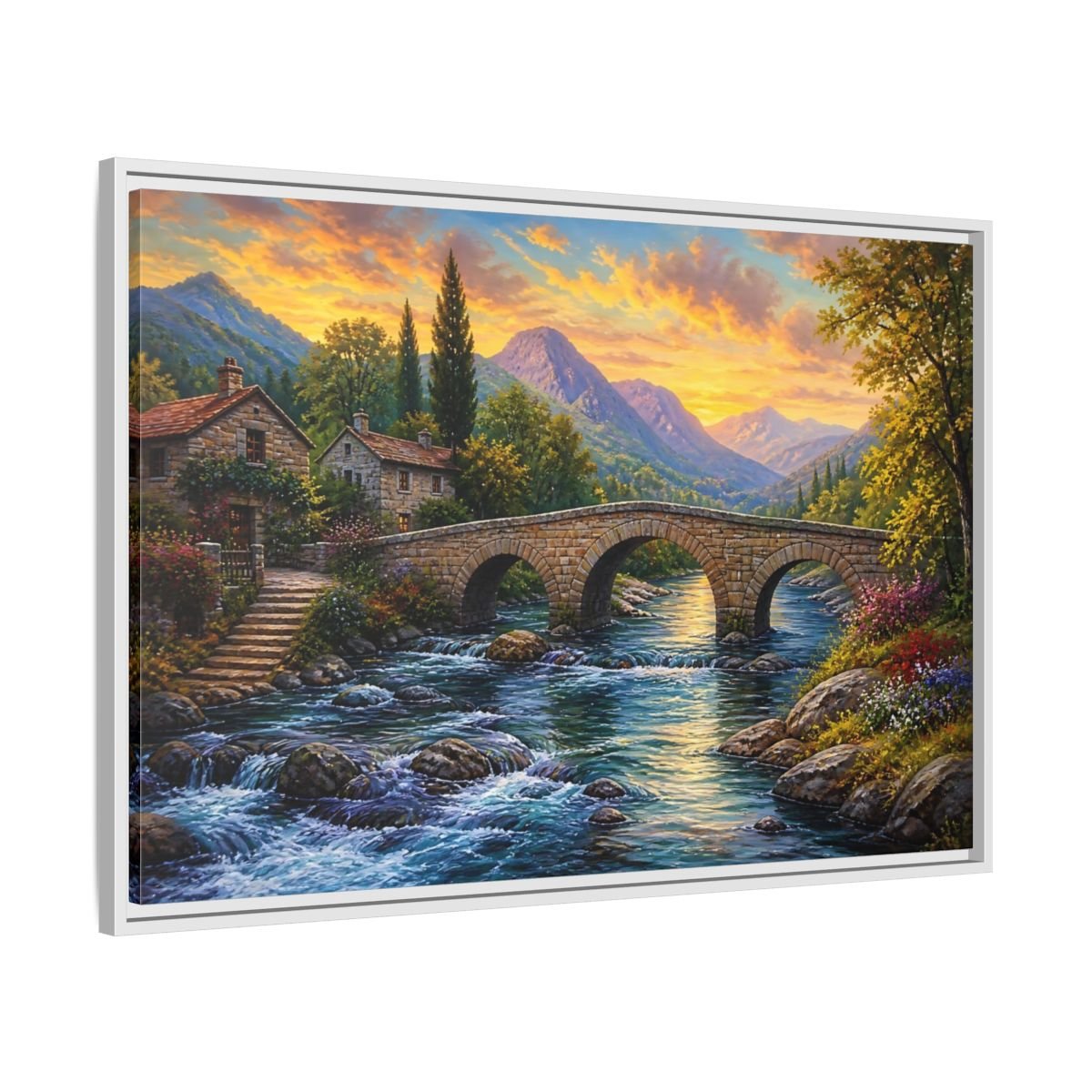 Nature Mountain Village Sunset Framed Canvas Print – Traditional Living Room, Above Fireplace - YesArtYes