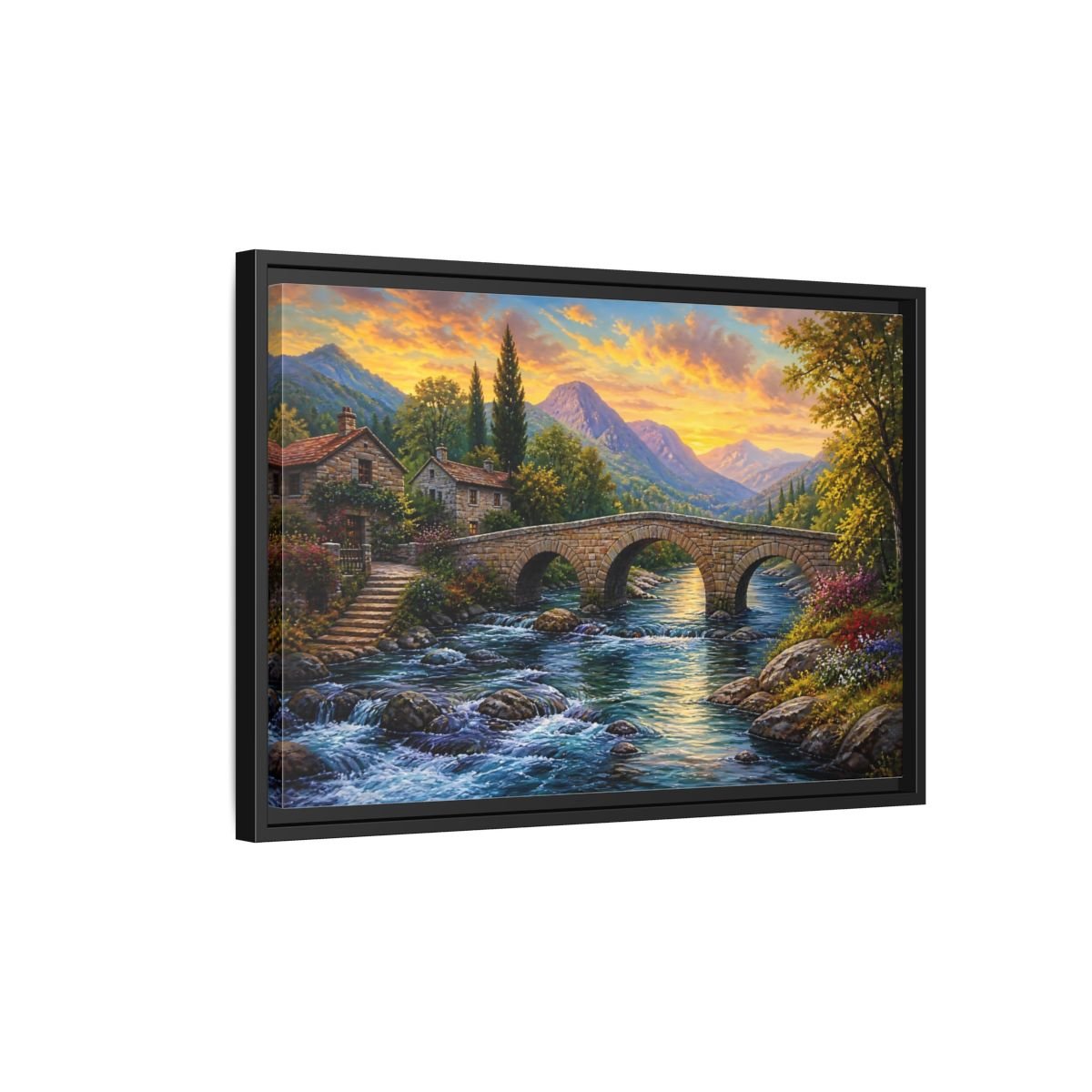 Nature Mountain Village Sunset Framed Canvas Print – Traditional Living Room, Above Fireplace - YesArtYes