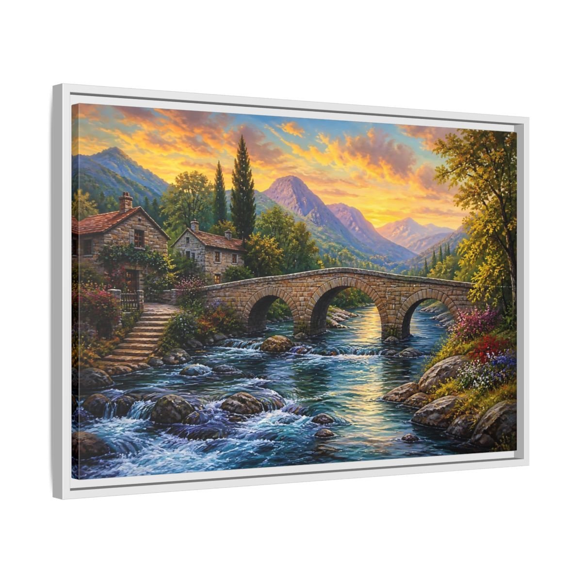 Nature Mountain Village Sunset Framed Canvas Print – Traditional Living Room, Above Fireplace - YesArtYes