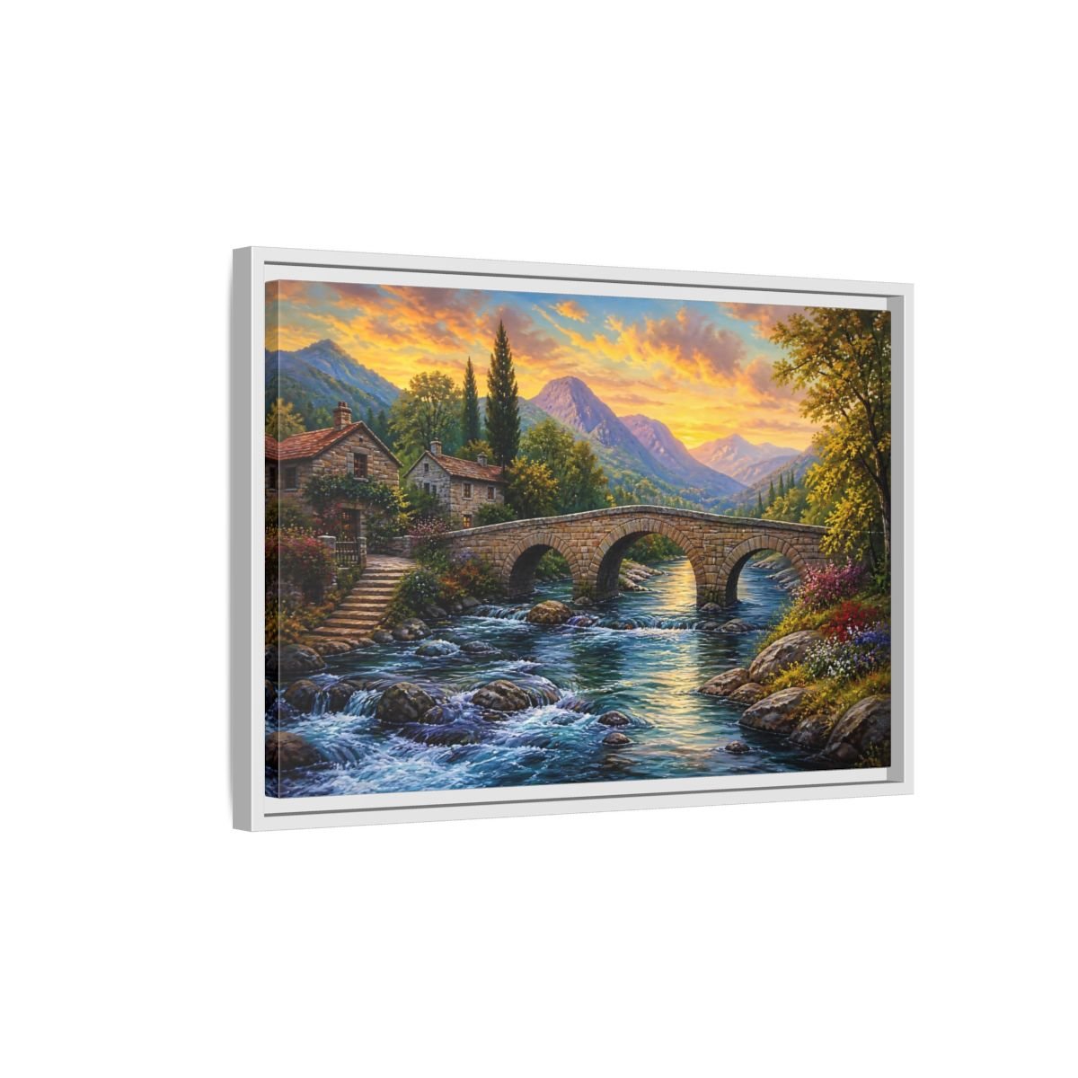 Nature Mountain Village Sunset Framed Canvas Print – Traditional Living Room, Above Fireplace - YesArtYes