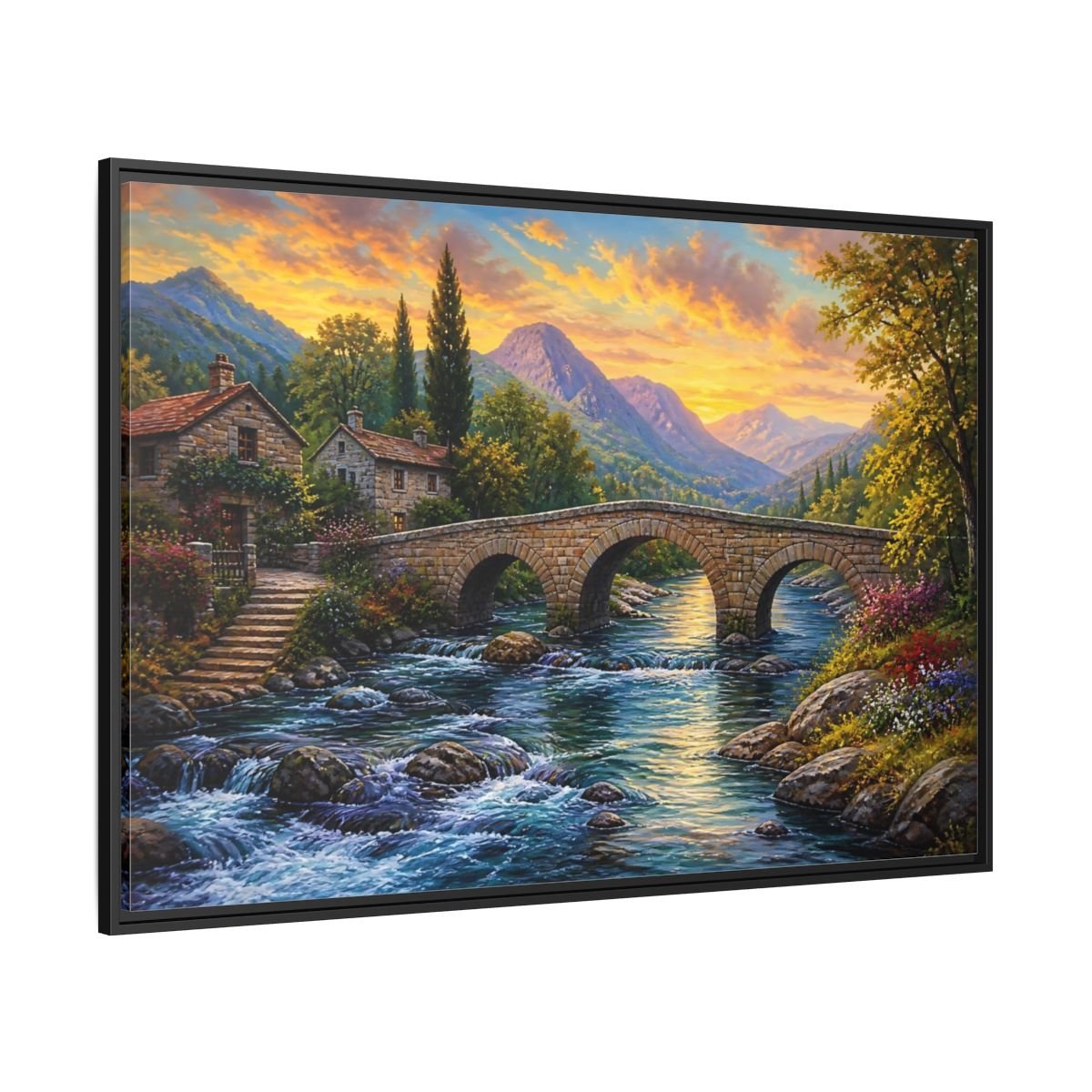 Nature Mountain Village Sunset Framed Canvas Print – Traditional Living Room, Above Fireplace - YesArtYes