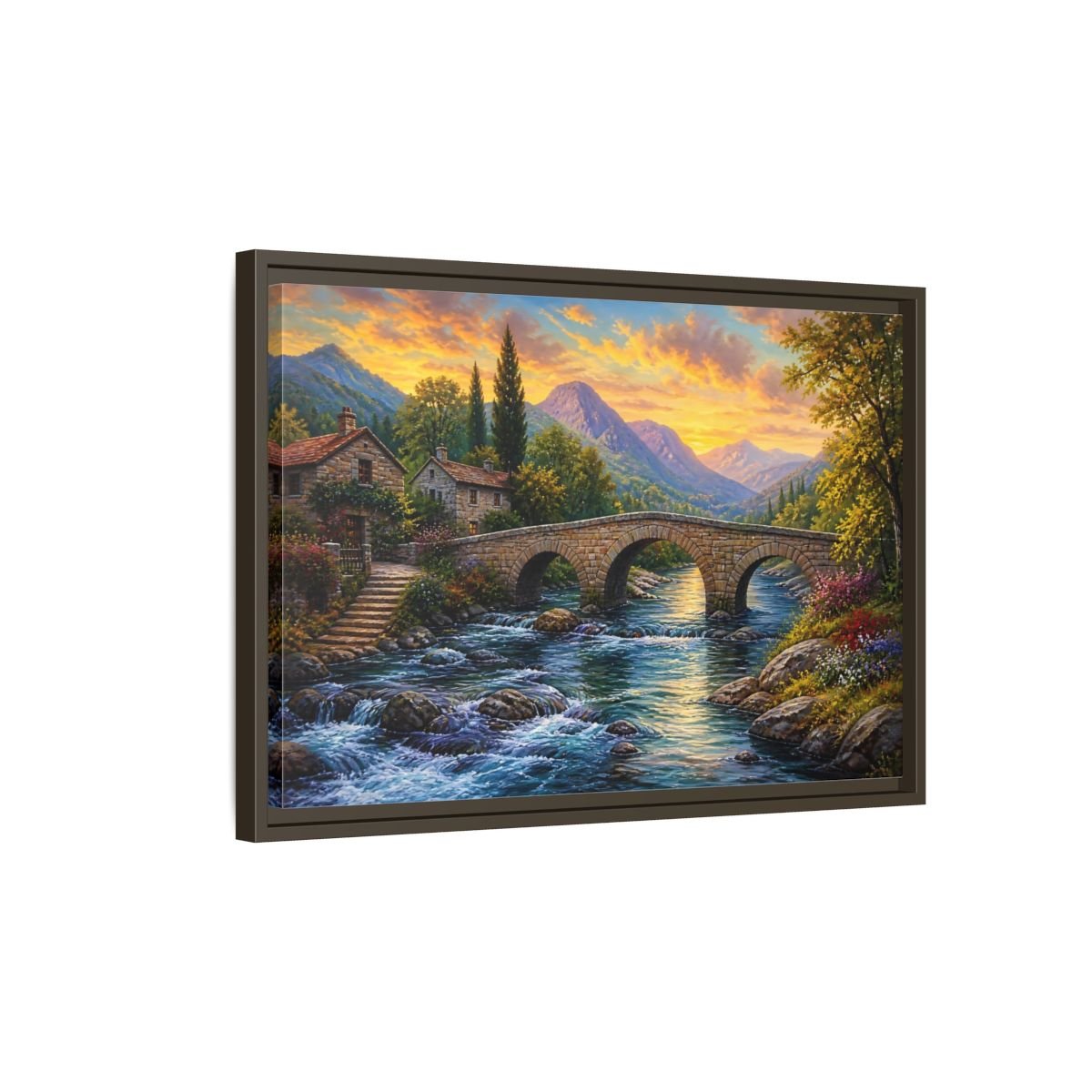 Nature Mountain Village Sunset Framed Canvas Print – Traditional Living Room, Above Fireplace - YesArtYes