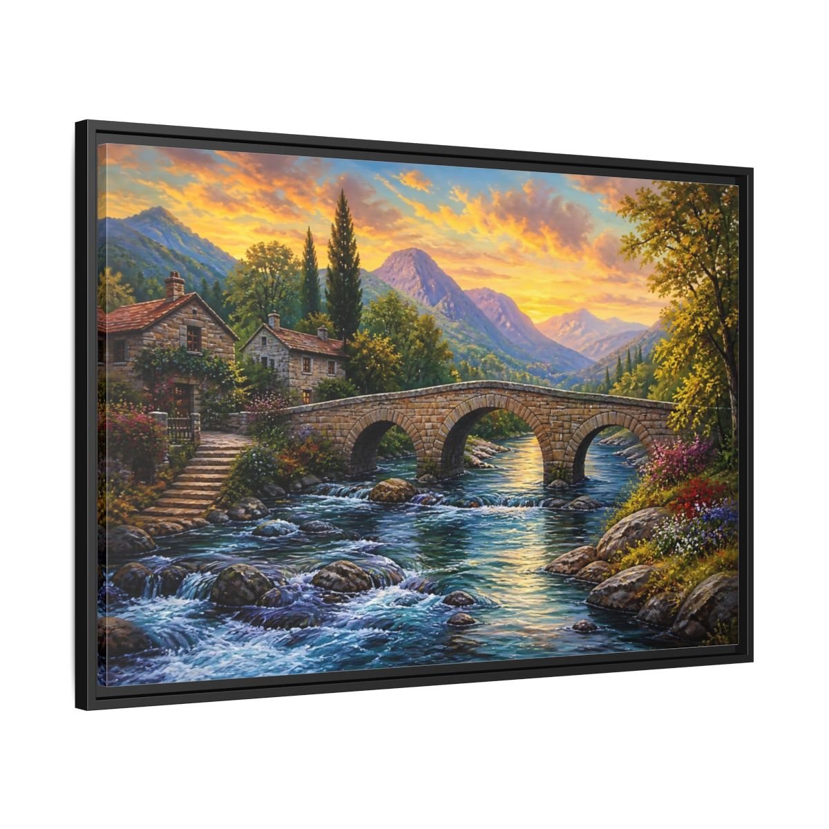 Nature Mountain Village Sunset Framed Canvas Print – Traditional Living Room, Above Fireplace - YesArtYes