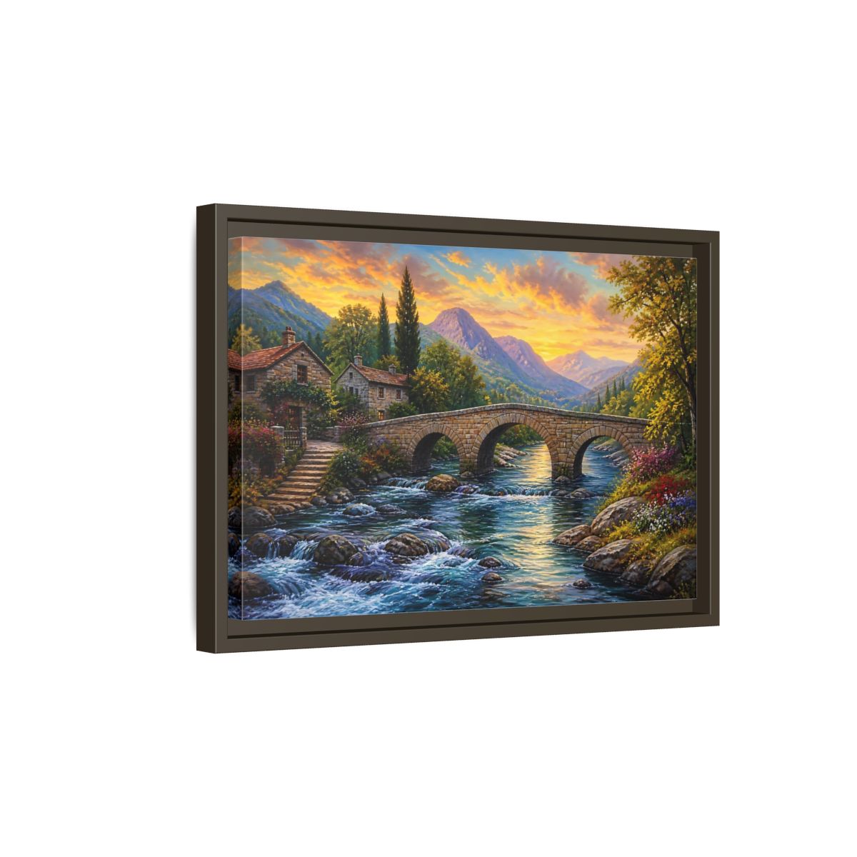 Side Mockup 5. Nature Mountain Village Mountain Village Sunset shown as stretched canvas wall art