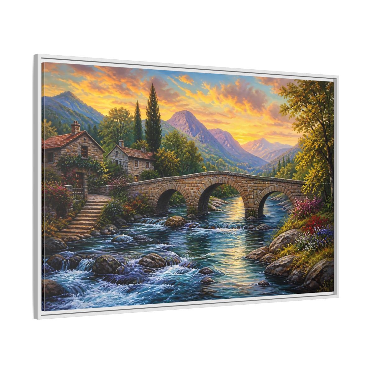 Side Mockup 7. Nature Mountain Village Mountain Village Sunset shown as stretched canvas wall art