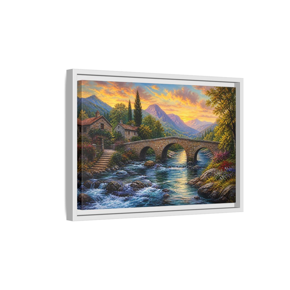 Side Mockup 4. Nature Mountain Village Mountain Village Sunset shown as stretched canvas wall art