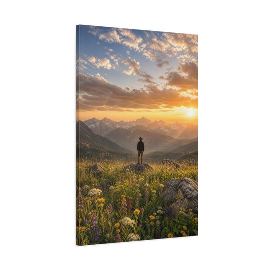 Main Mockup. Nature Mountain Vista Golden Mountain Sunset shown as stretched canvas wall art