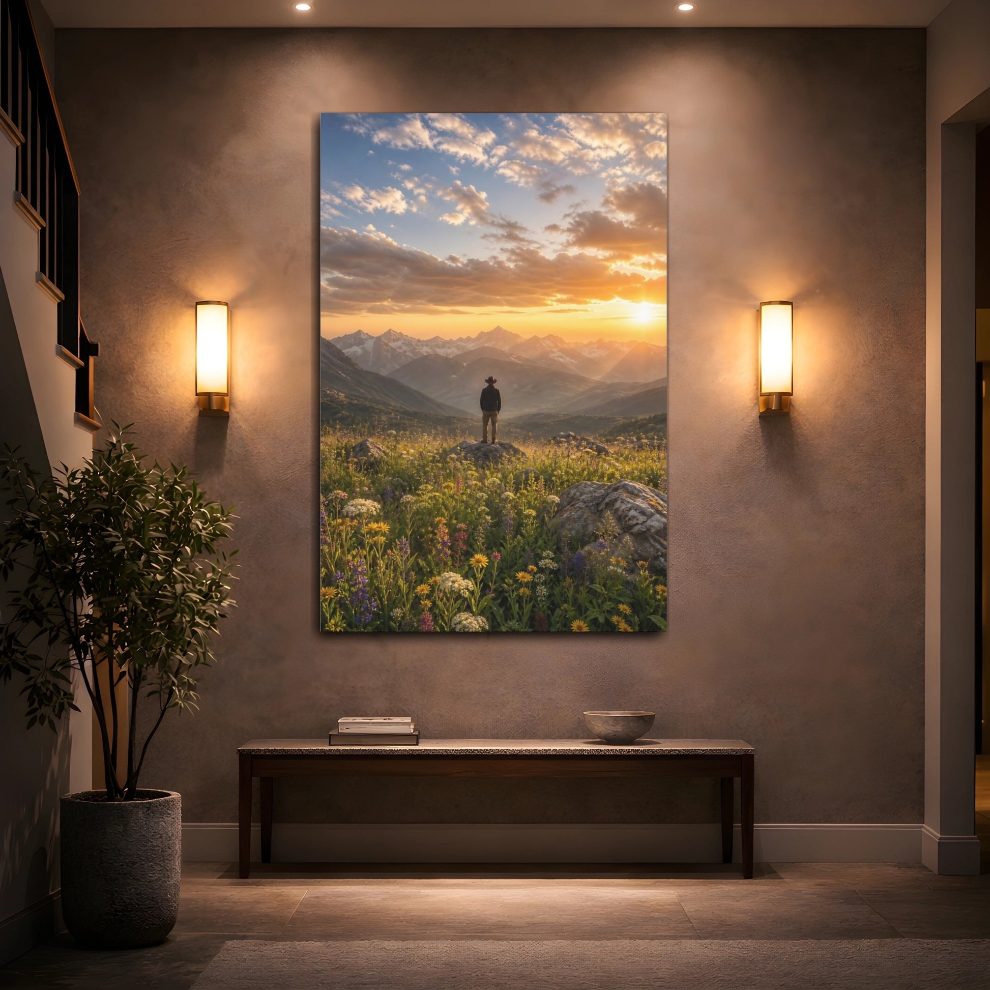 Mockup 2. Nature Mountain Vista Golden Mountain Sunset shown as stretched canvas wall art