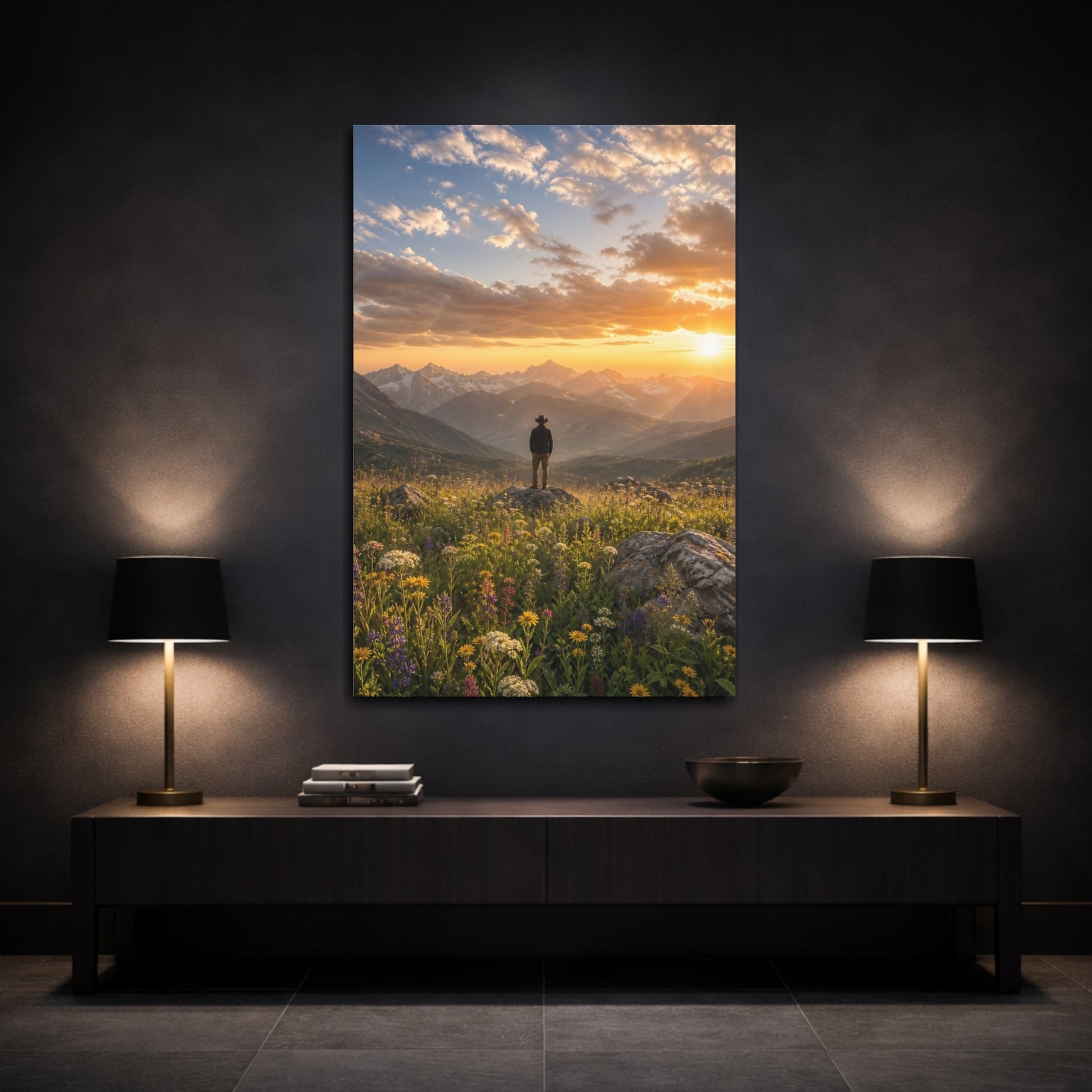 Mockup 3. Nature Mountain Vista Golden Mountain Sunset shown as stretched canvas wall art