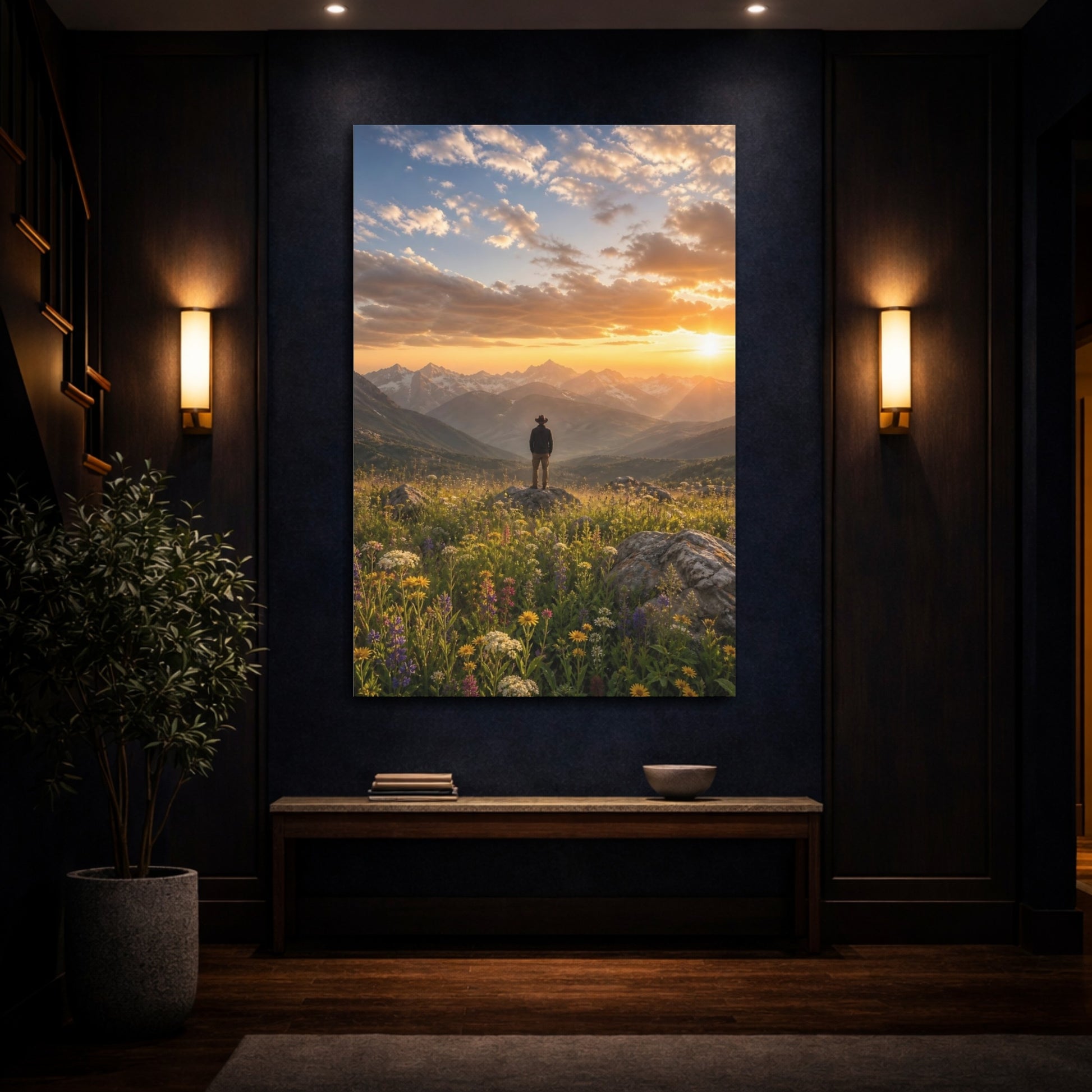 Mockup 4. Nature Mountain Vista Golden Mountain Sunset shown as stretched canvas wall art