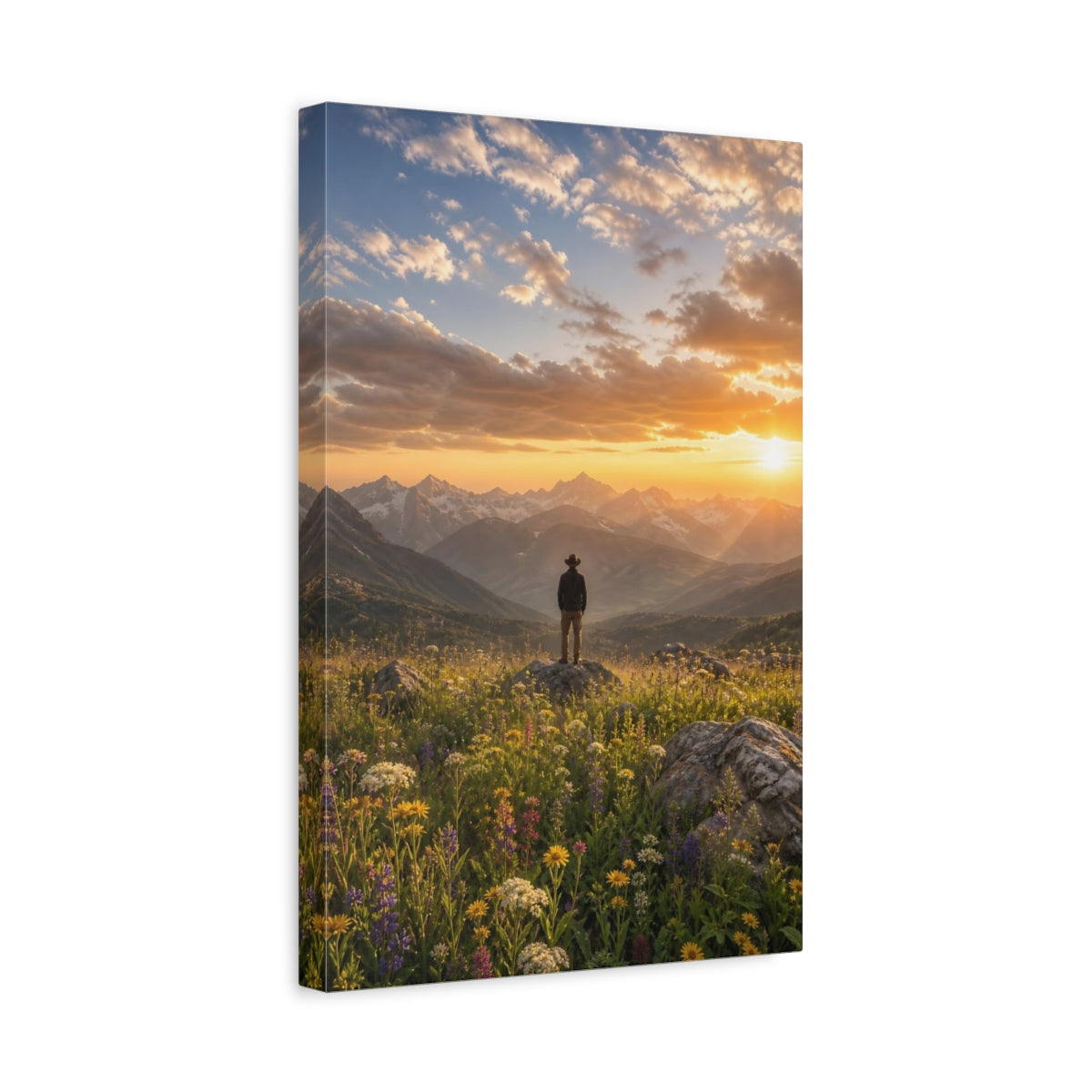 Side Mockup 4. Nature Mountain Vista Golden Mountain Sunset shown as stretched canvas wall art