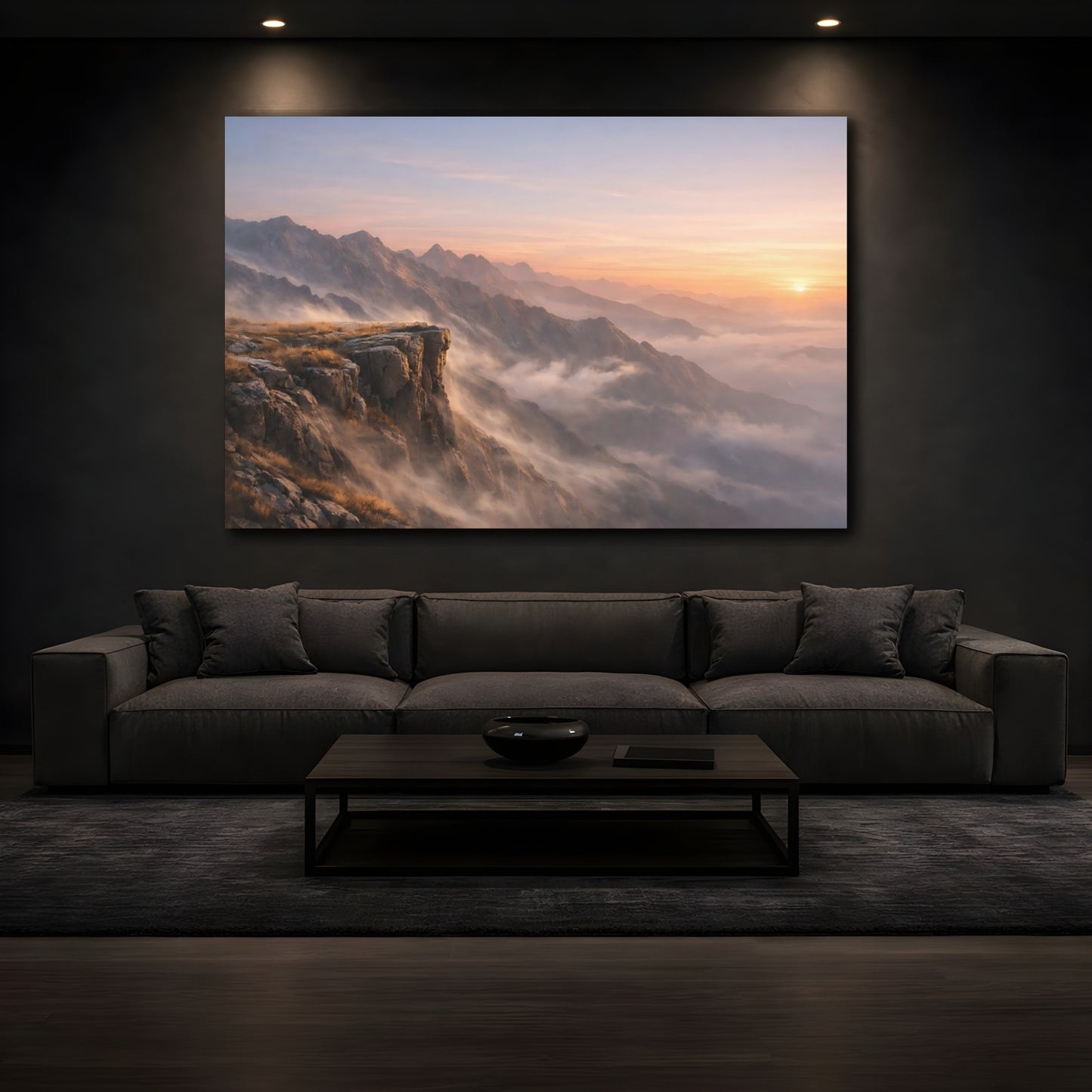 Mockup 2. Nature Mountain Vista Mountain Sunset Mist shown as stretched canvas wall art