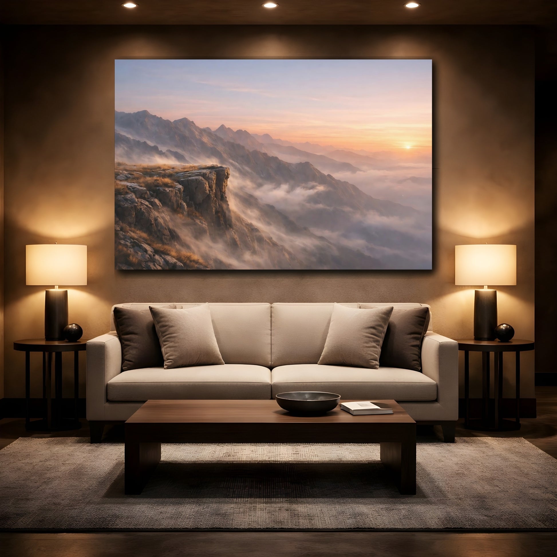 Mockup 3. Nature Mountain Vista Mountain Sunset Mist shown as stretched canvas wall art