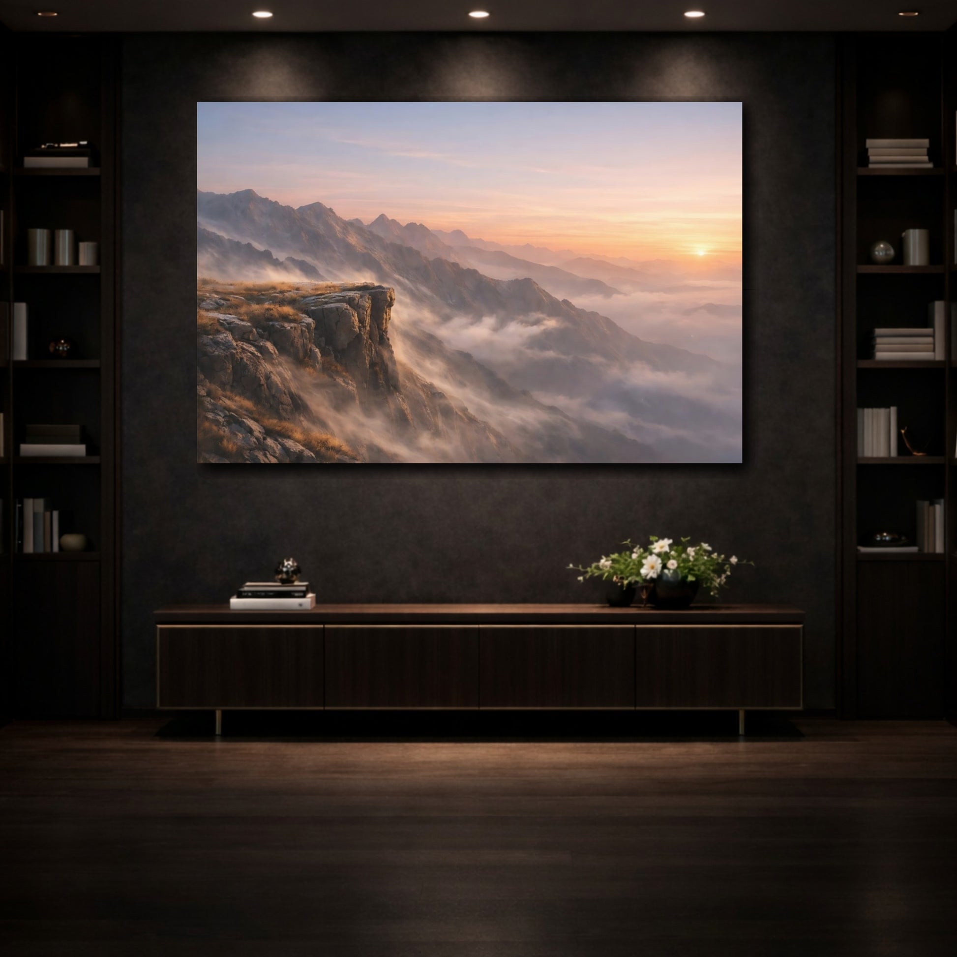 Mockup 4. Nature Mountain Vista Mountain Sunset Mist shown as stretched canvas wall art
