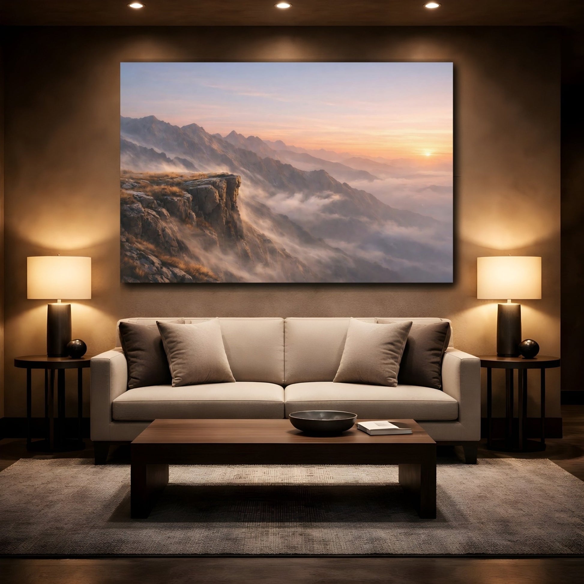 Nature Mountain Vista Sunset Mist - Canvas Wall Art Print - YesArtYes