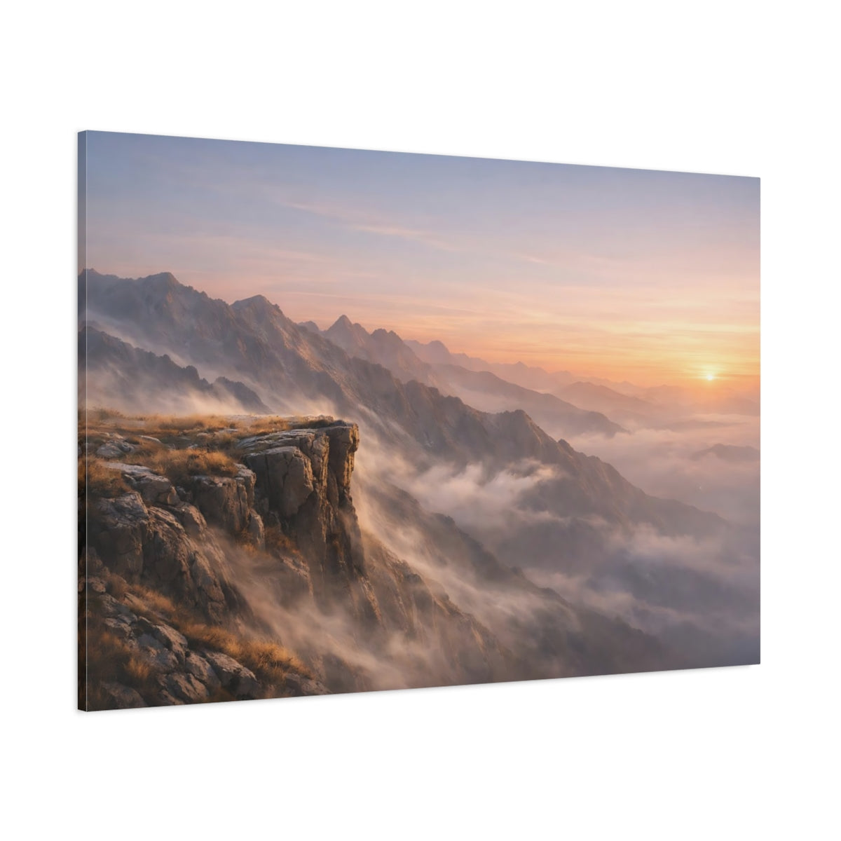 Side Mockup 1. Nature Mountain Vista Mountain Sunset Mist shown as stretched canvas wall art