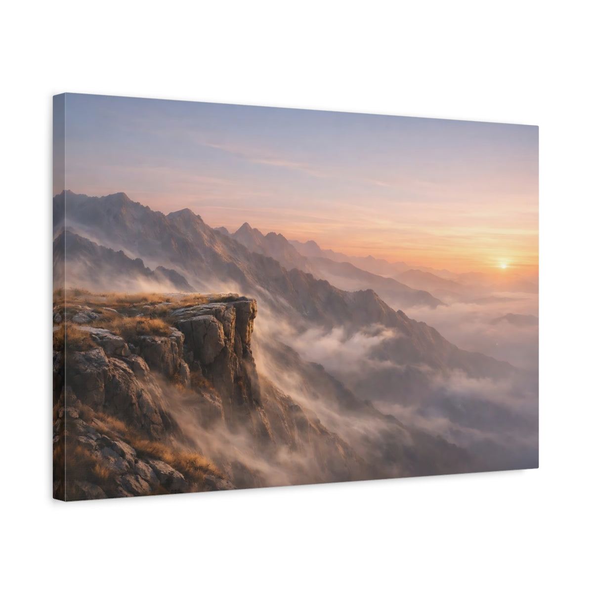 Side Mockup 3. Nature Mountain Vista Mountain Sunset Mist shown as stretched canvas wall art