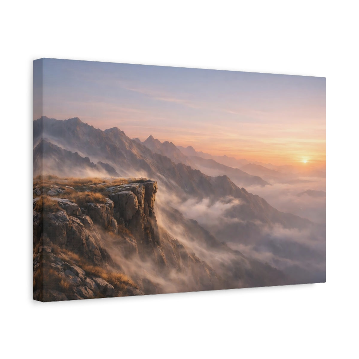 Side Mockup 4. Nature Mountain Vista Mountain Sunset Mist shown as stretched canvas wall art