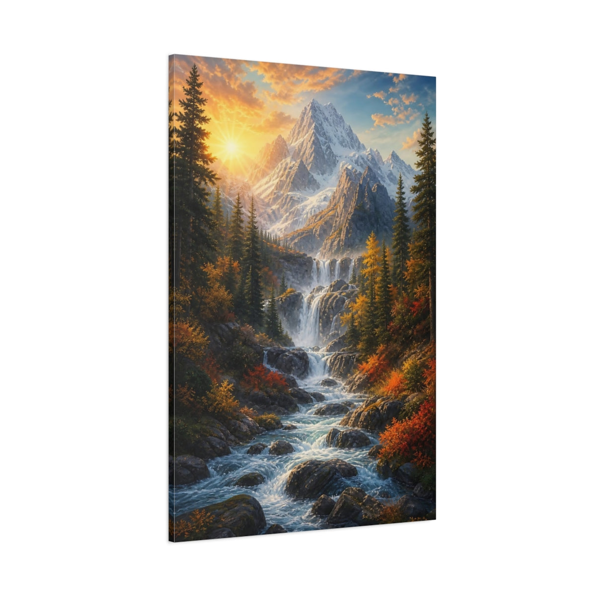 Side Mockup 1. Nature Mountain Waterfall Autumn Mountain Waterfall shown as stretched canvas wall art