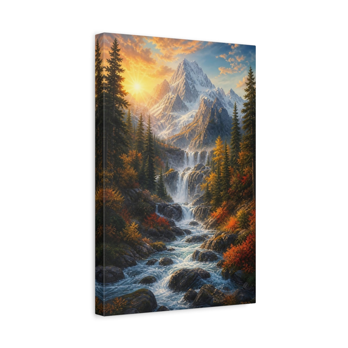 Side Mockup 4. Nature Mountain Waterfall Autumn Mountain Waterfall shown as stretched canvas wall art