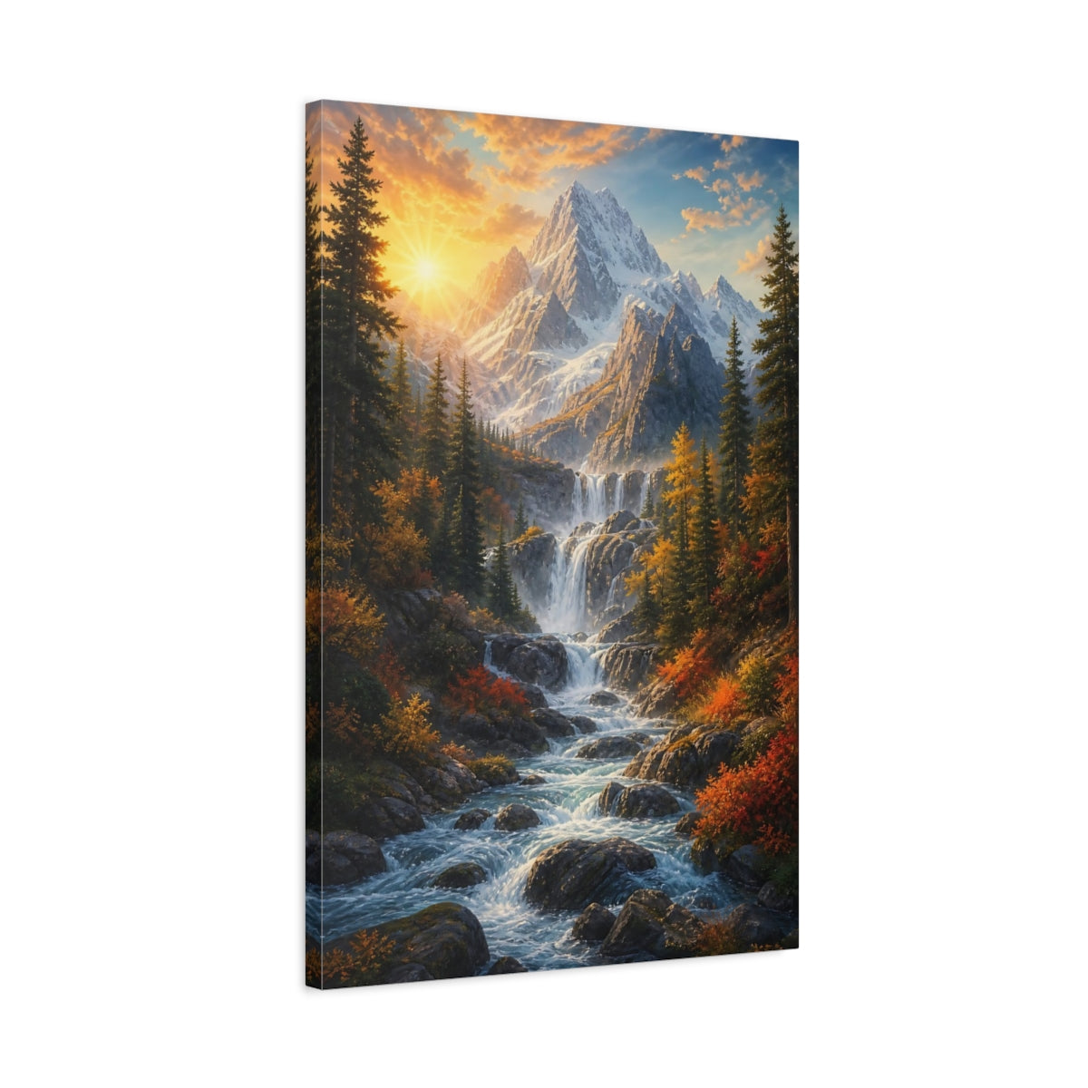 Side Mockup 2. Nature Mountain Waterfall Autumn Mountain Waterfall shown as stretched canvas wall art
