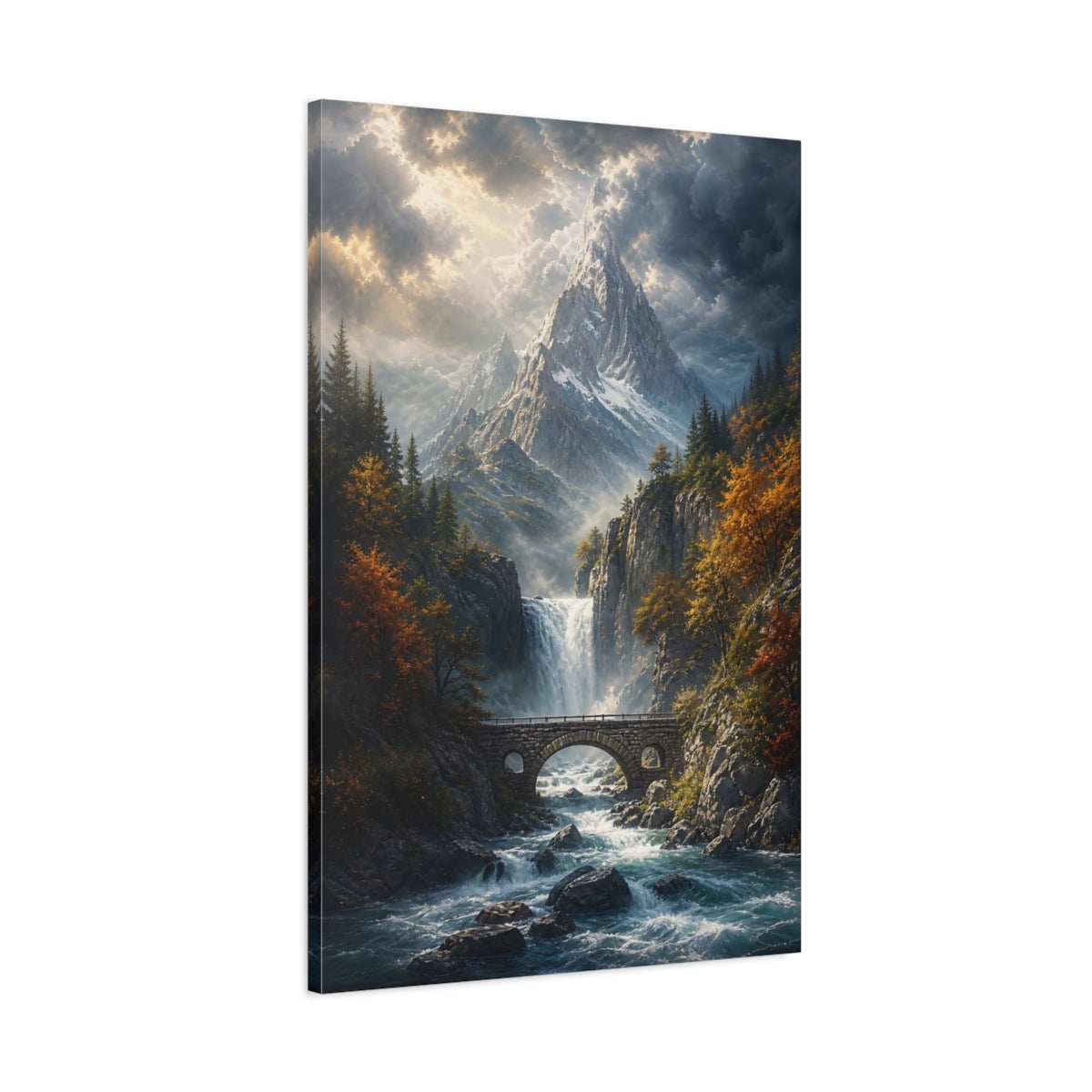 Main Mockup. Nature Mountain Waterfall Autumn Mountain River shown as stretched canvas wall art