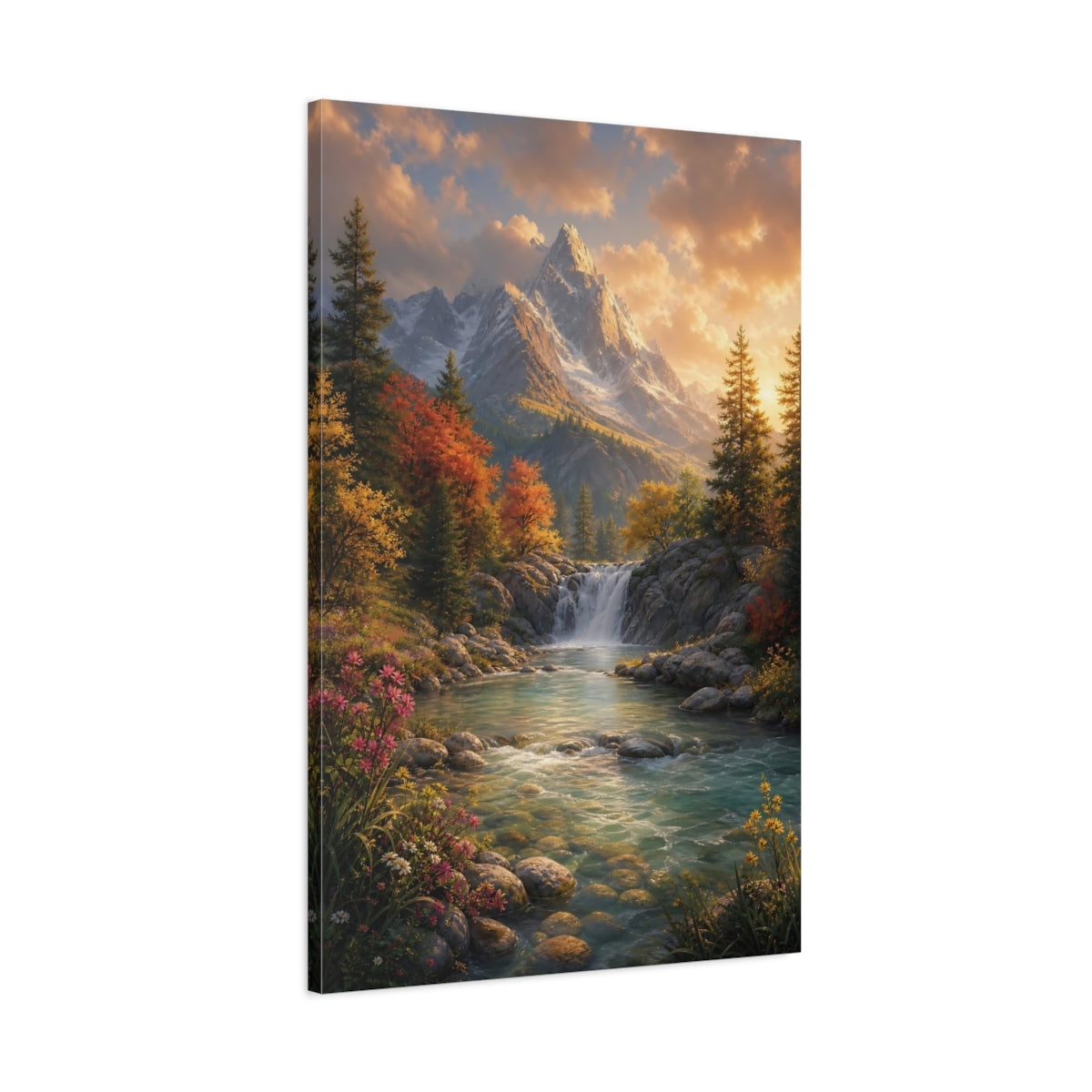 Main Mockup. Nature Mountain Waterfall Autumn Mountain River shown as stretched canvas wall art
