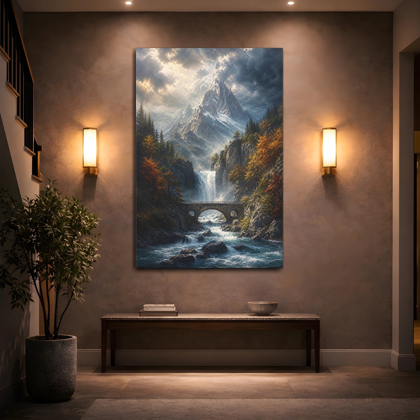 Mockup 2. Nature Mountain Waterfall Autumn Mountain River shown as stretched canvas wall art