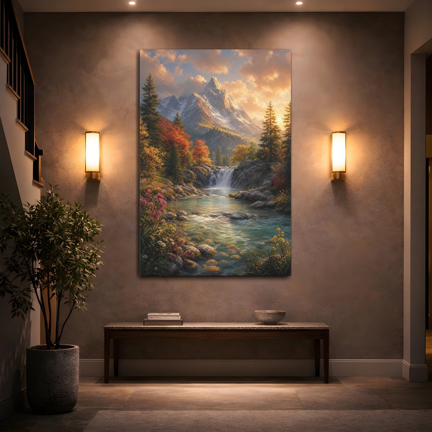 Mockup 2. Nature Mountain Waterfall Autumn Mountain River shown as stretched canvas wall art